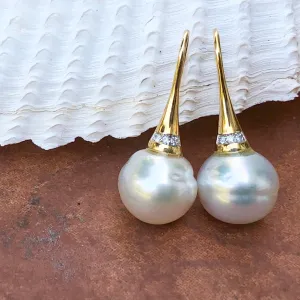 14KT Yellow Gold Pave Diamond   11mm Paspaley Pearl Drop Earrings