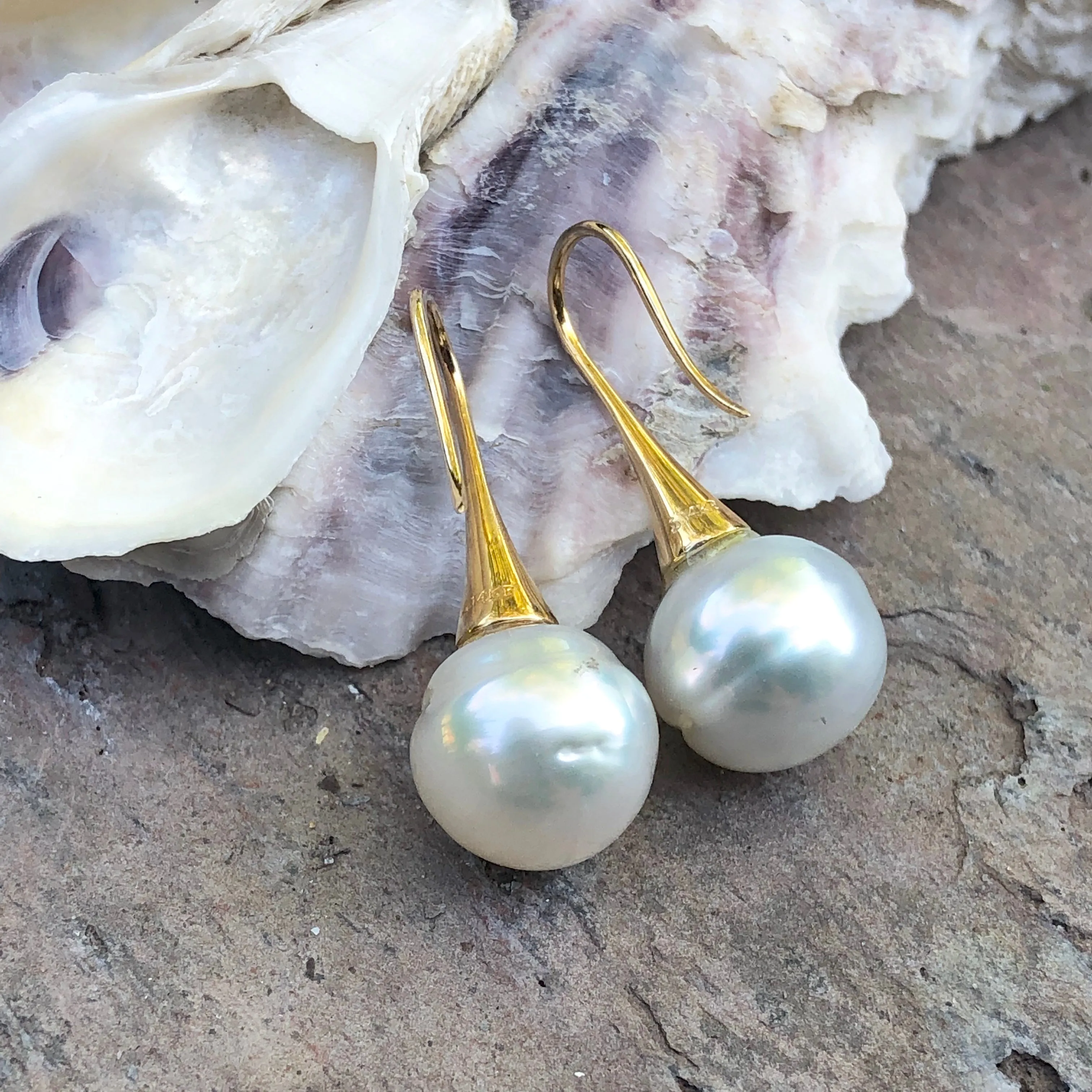 14KT Yellow Gold Pave Diamond   11mm Paspaley Pearl Drop Earrings