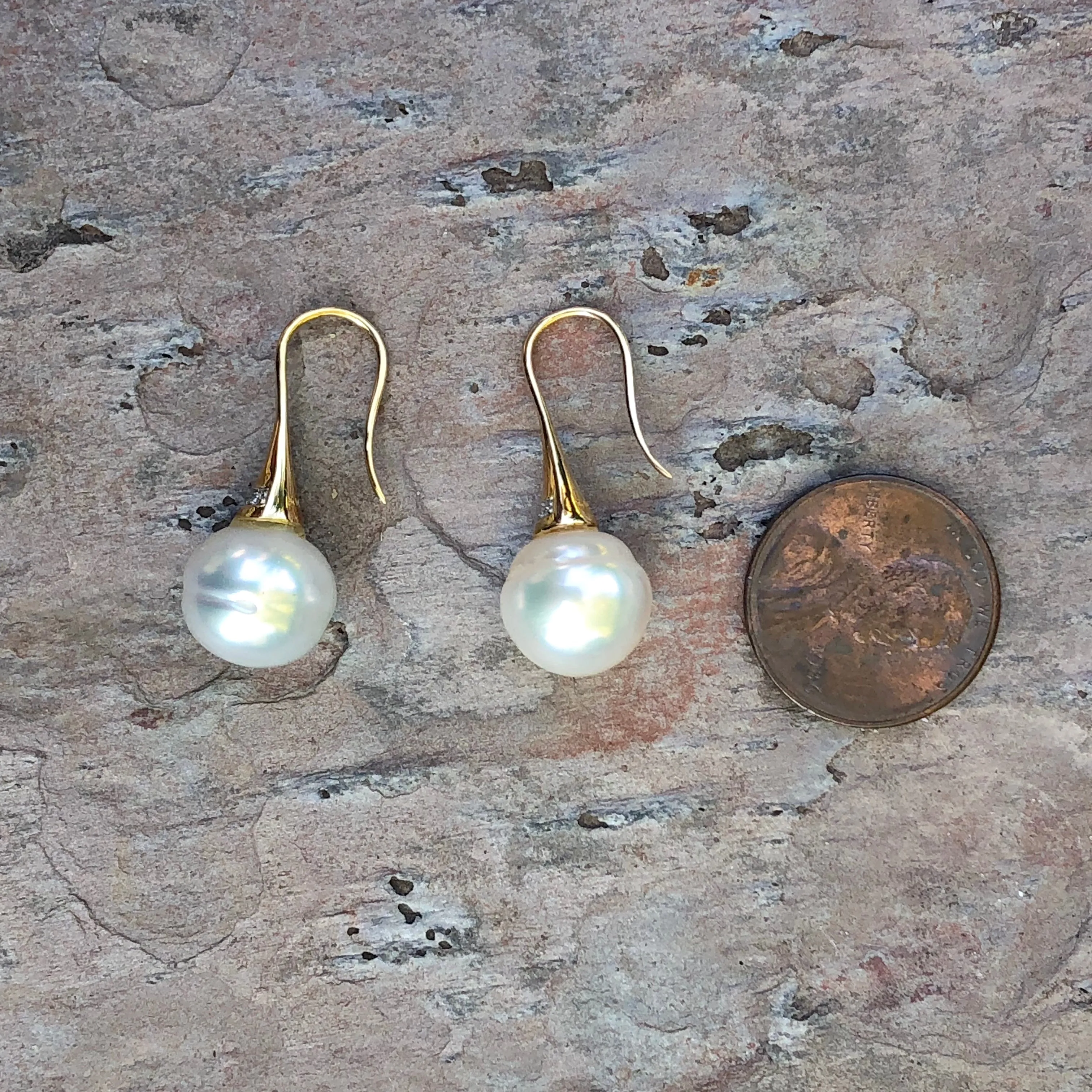14KT Yellow Gold Pave Diamond   11mm Paspaley Pearl Drop Earrings