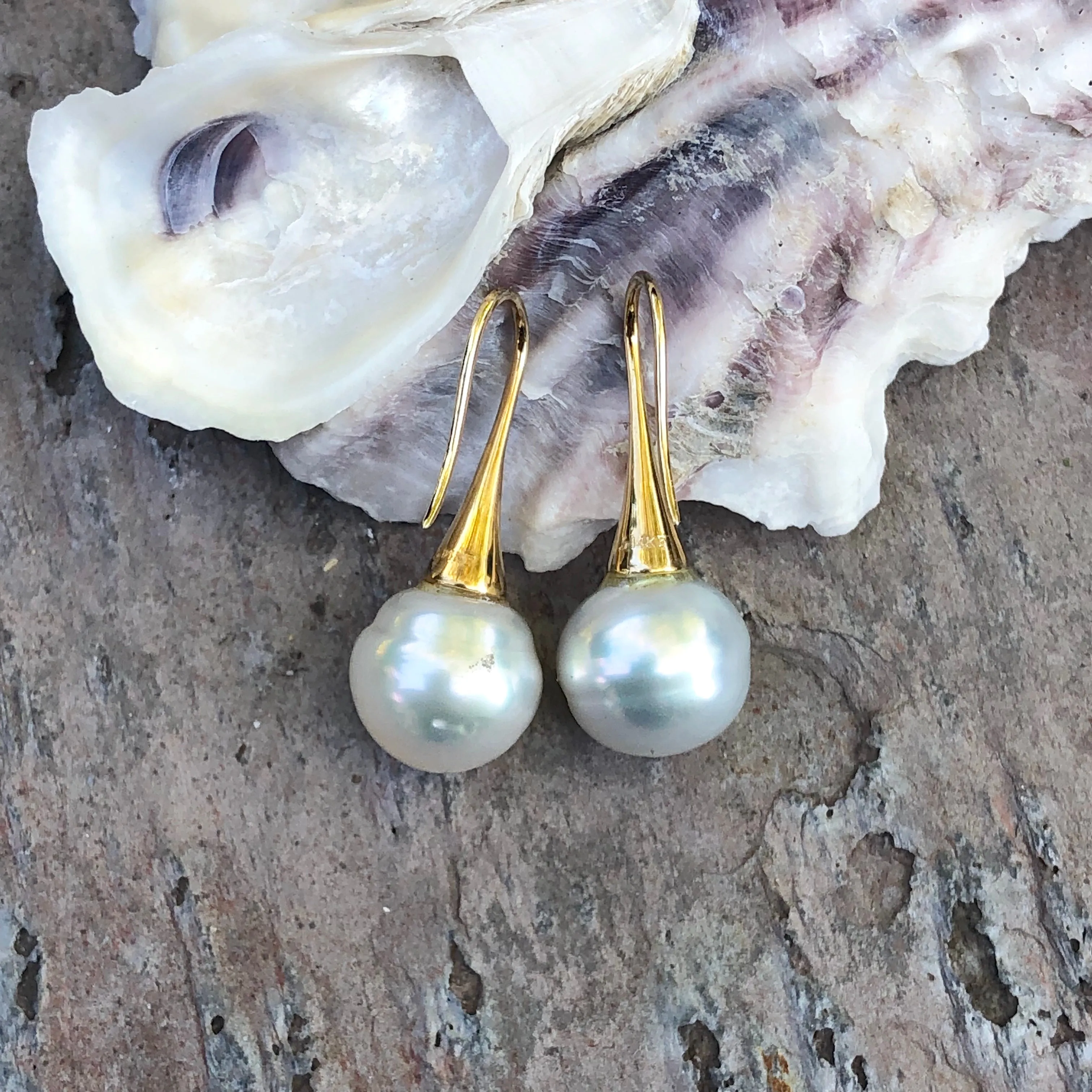 14KT Yellow Gold Pave Diamond   11mm Paspaley Pearl Drop Earrings