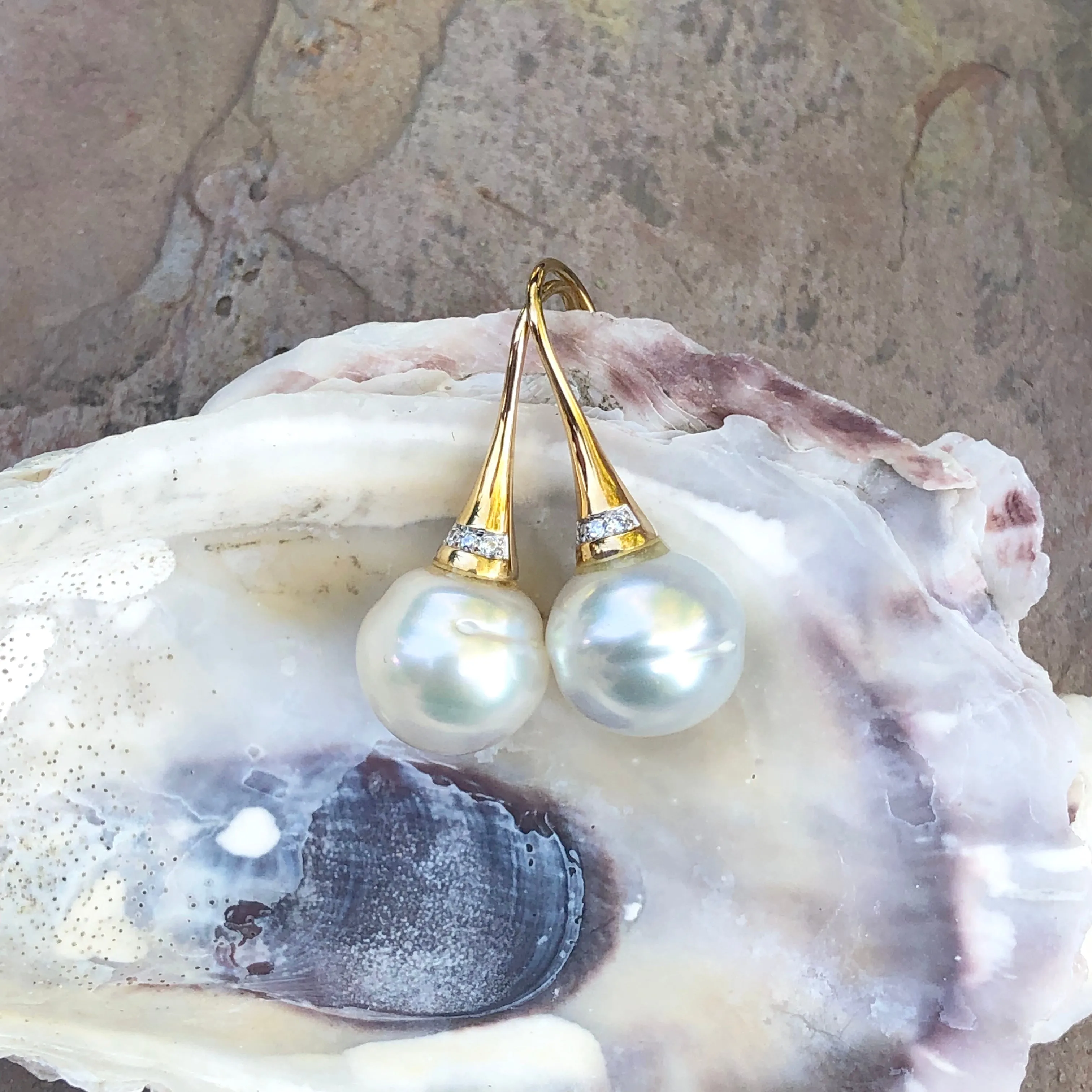 14KT Yellow Gold Pave Diamond   11mm Paspaley Pearl Drop Earrings