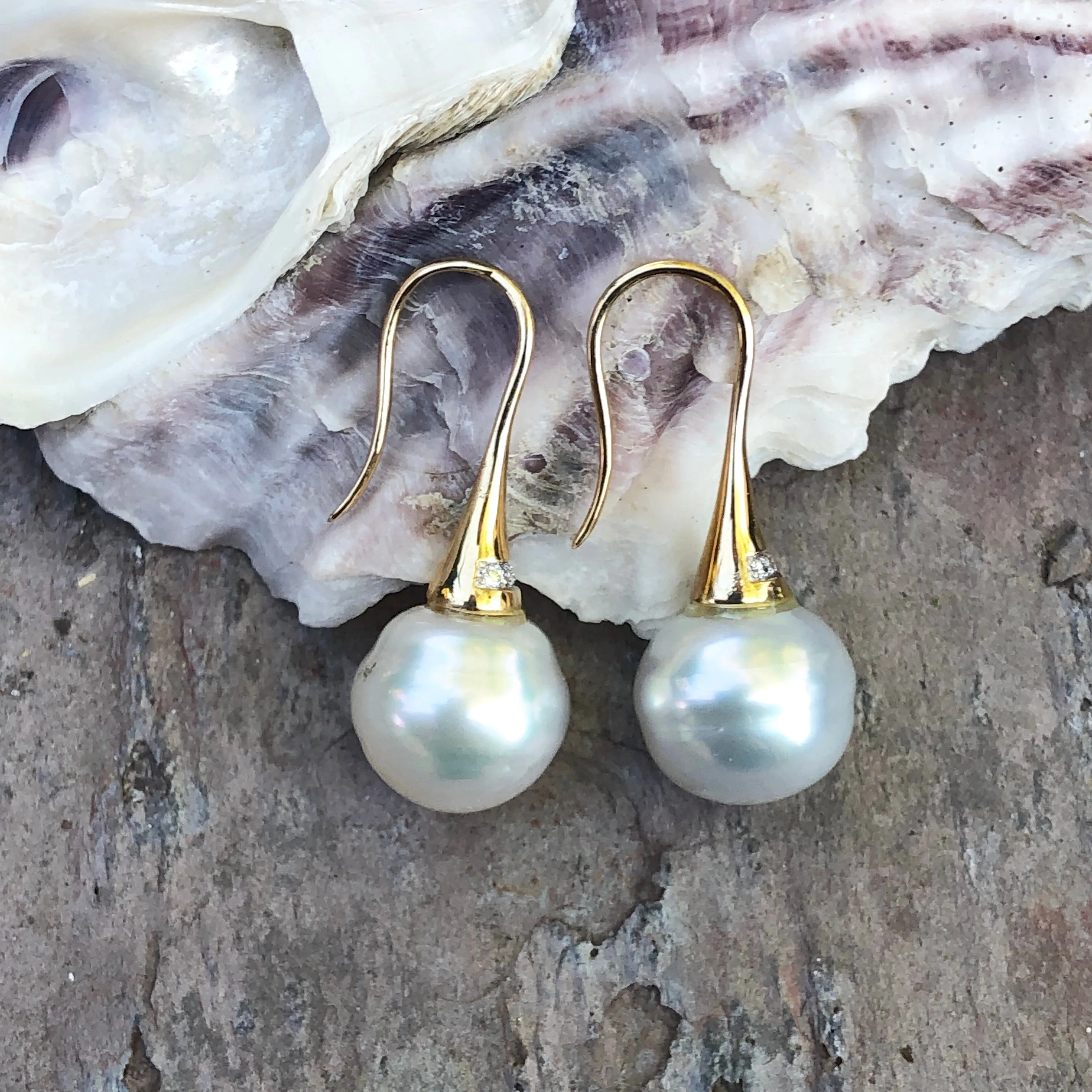 14KT Yellow Gold Pave Diamond   11mm Paspaley Pearl Drop Earrings