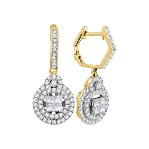 14kt Yellow Gold Womens Princess Diamond Double Circle Frame Dangle Earrings 1.00 Cttw