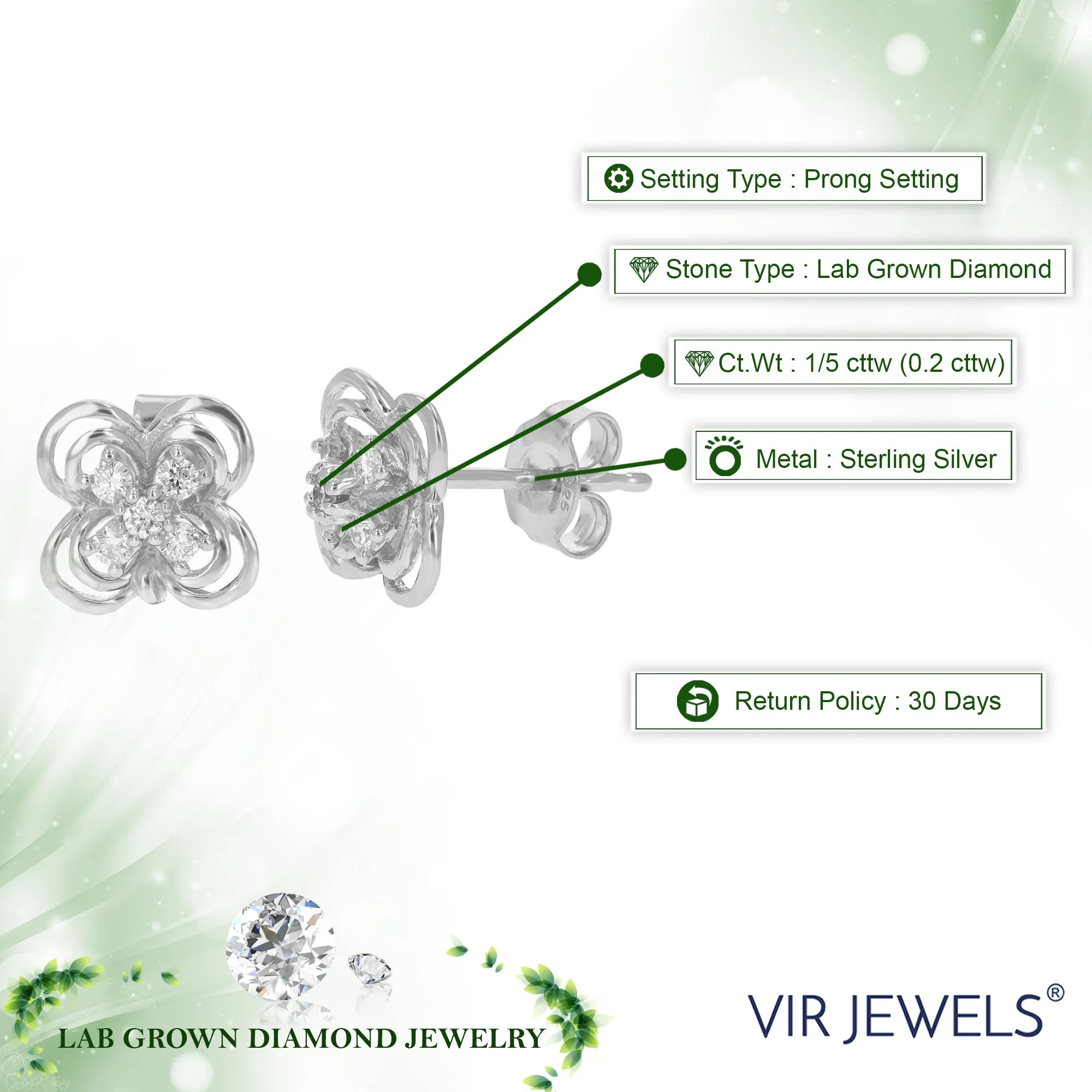 1/5 cttw Lab Grown Diamond Floral Stud Earrings Sterling Silver