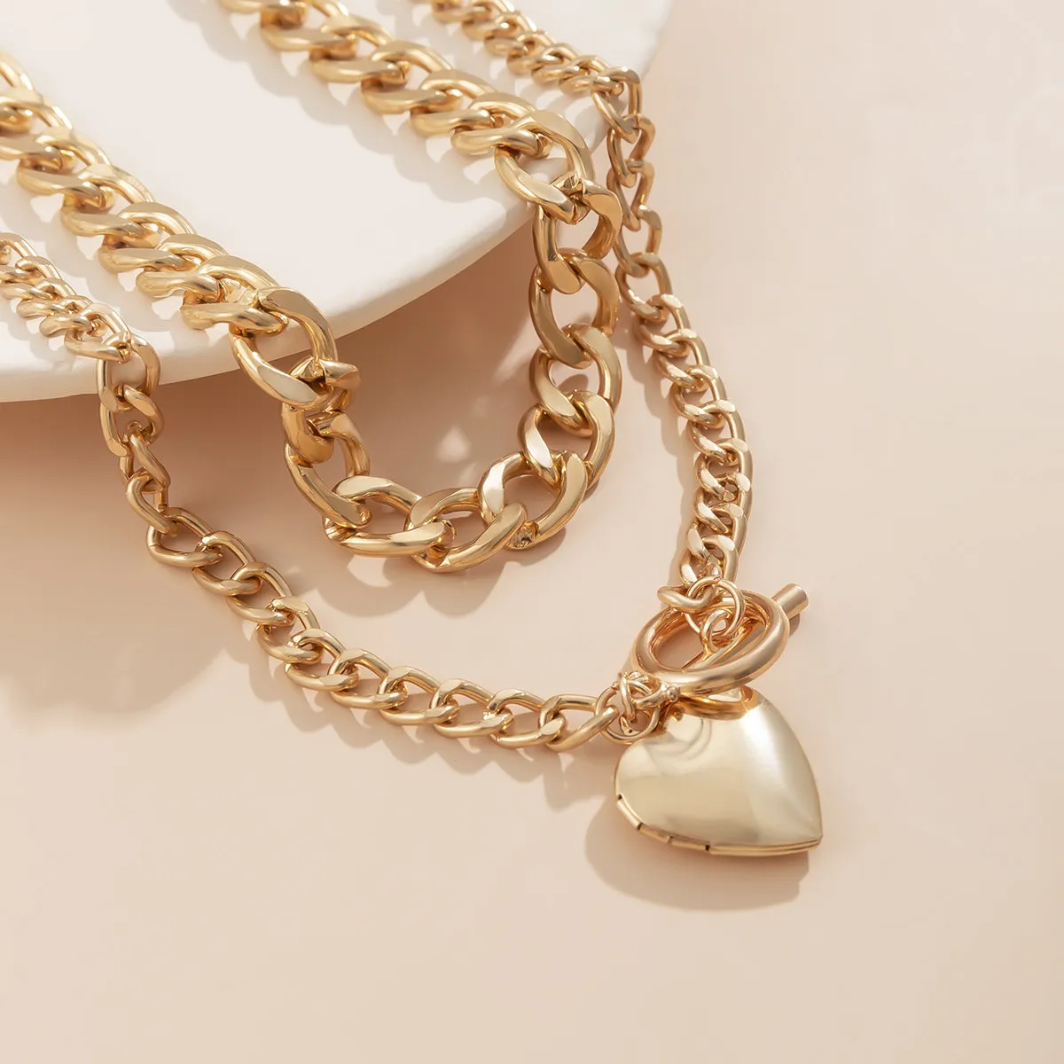 18K Gold-Plated Heart Locket & Chain-Link Necklace Set