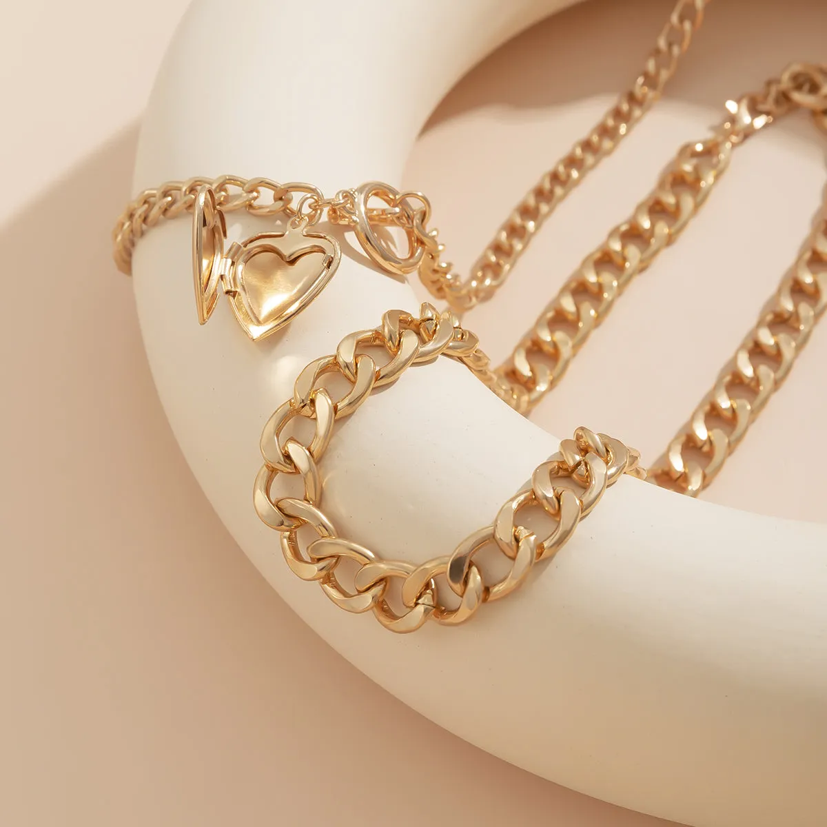 18K Gold-Plated Heart Locket & Chain-Link Necklace Set