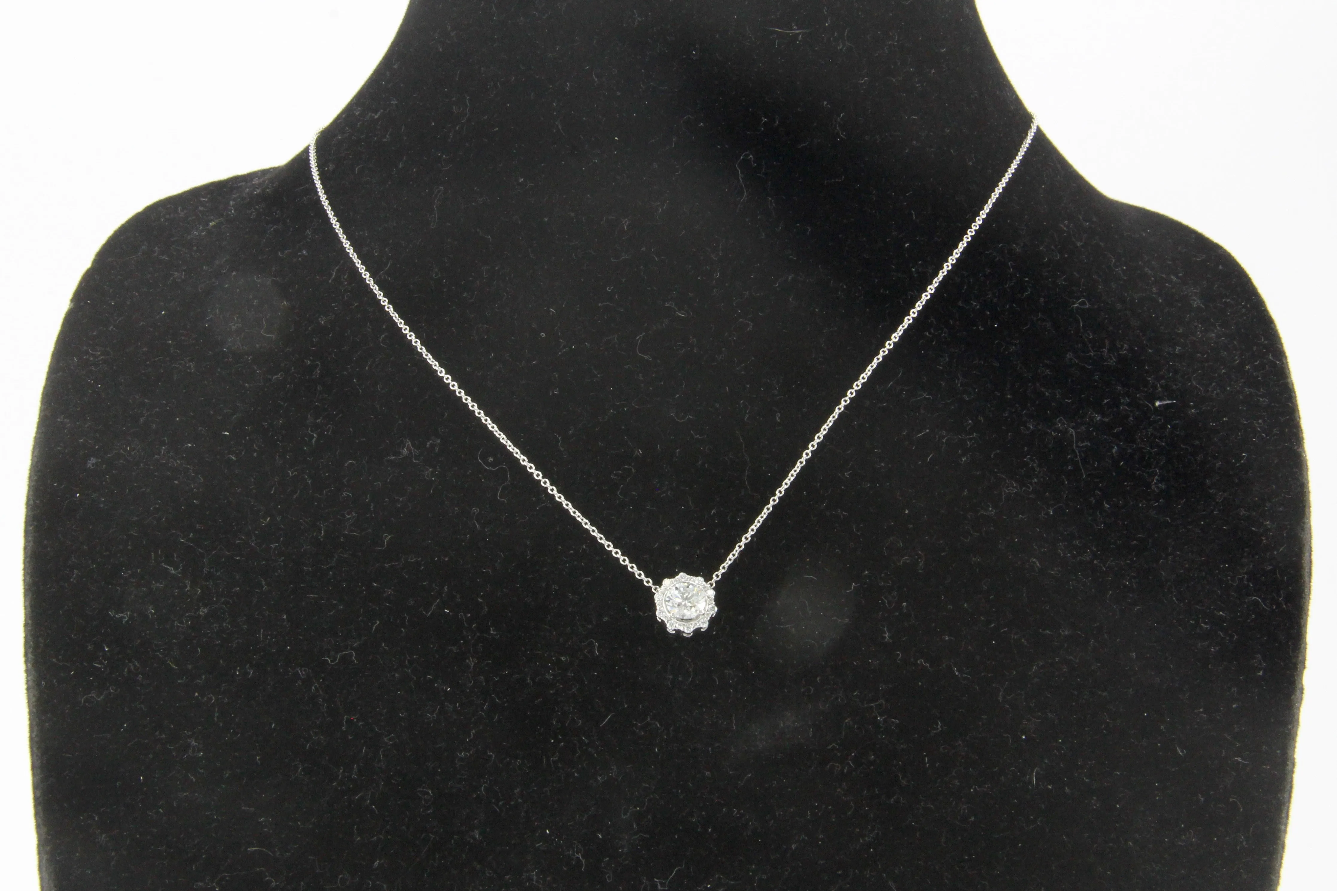 18K White Gold 1 Carat Diamond Halo Pendant Necklace 1.2 CTW
