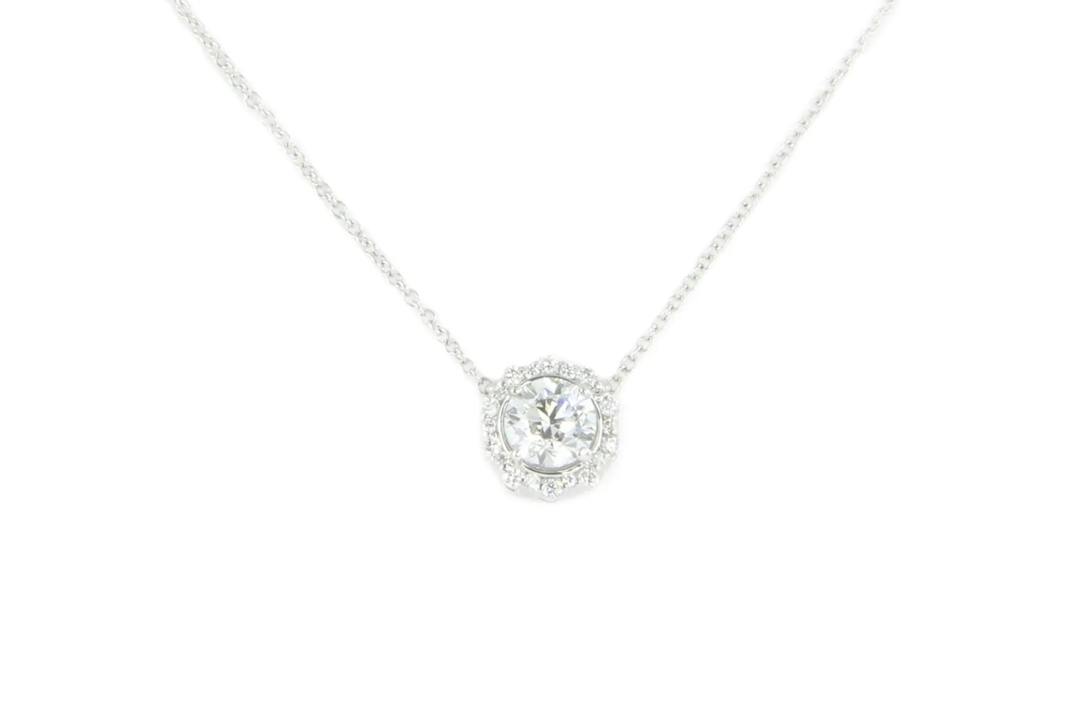 18K White Gold 1 Carat Diamond Halo Pendant Necklace 1.2 CTW