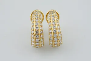 18k Yellow Gold Pave Diamond Three-Row Huggie Earrings TDW = 2.75 Ct