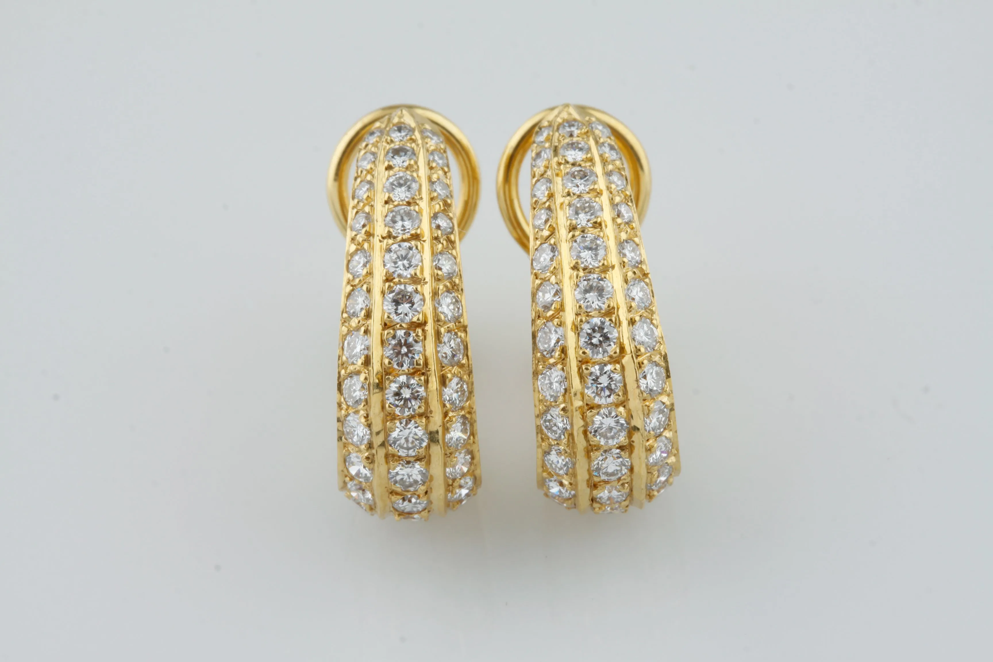 18k Yellow Gold Pave Diamond Three-Row Huggie Earrings TDW = 2.75 Ct