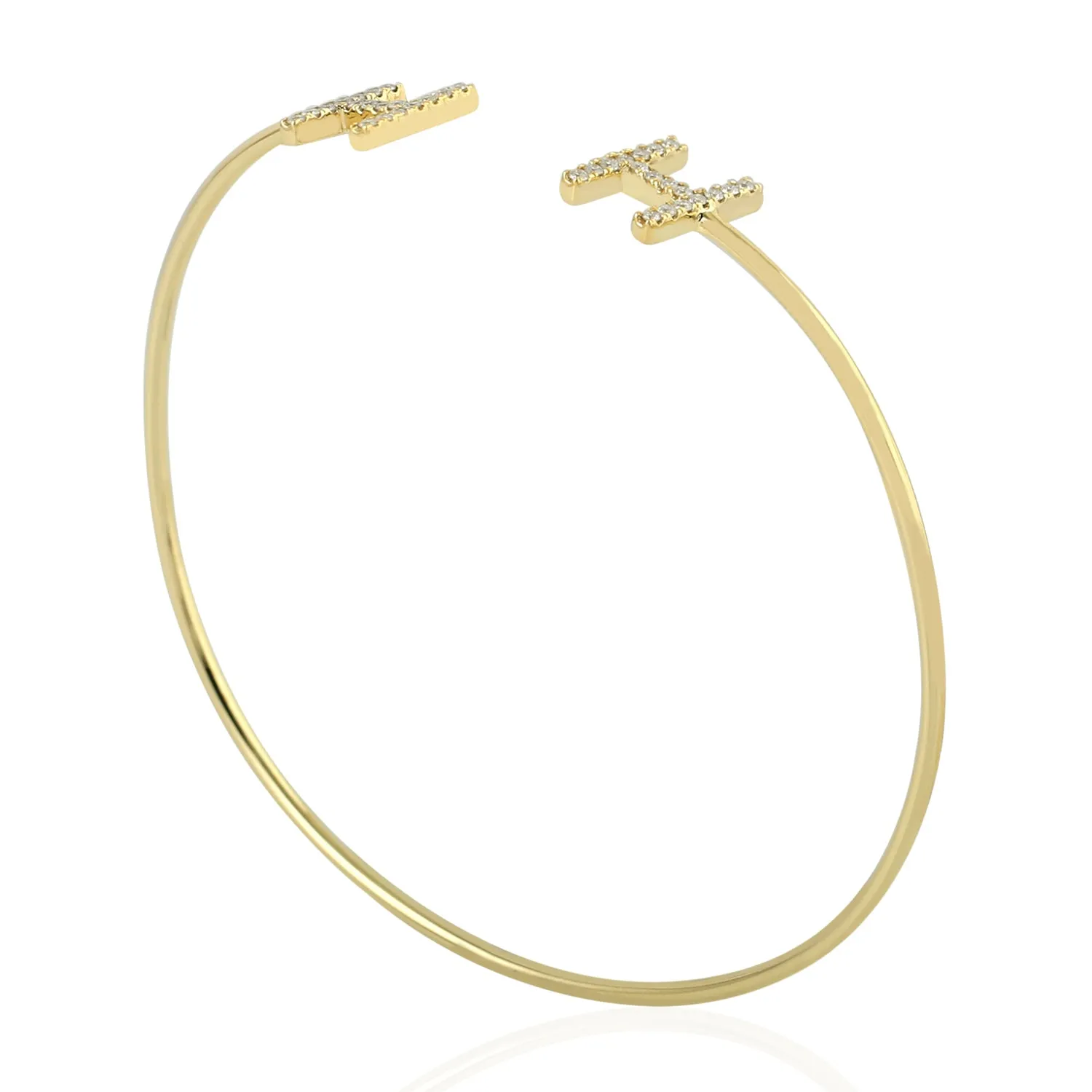 18K Yellow Gold "H" Initial Alphabet Open Cuff Bracelet Pave Diamond