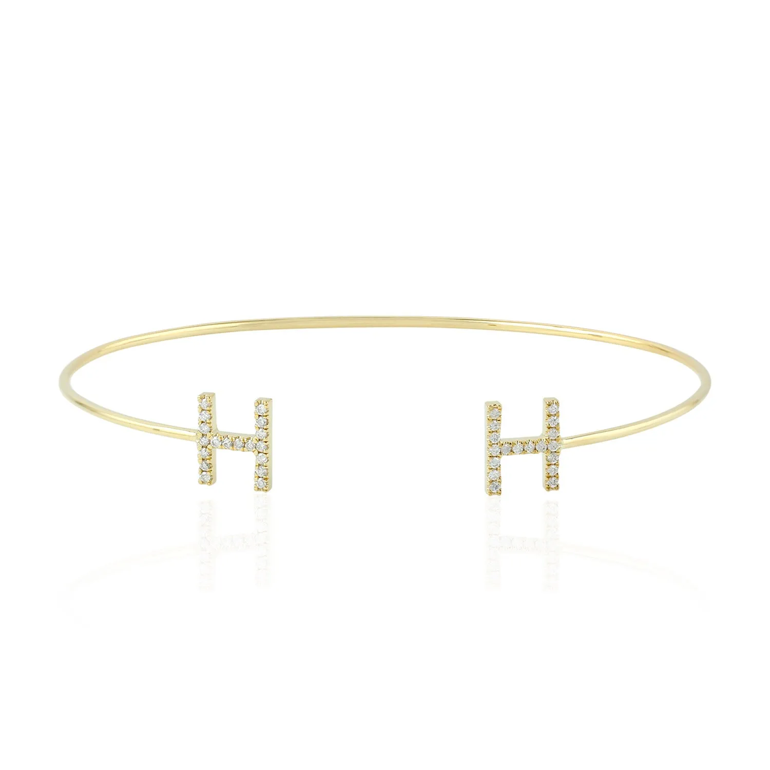 18K Yellow Gold "H" Initial Alphabet Open Cuff Bracelet Pave Diamond