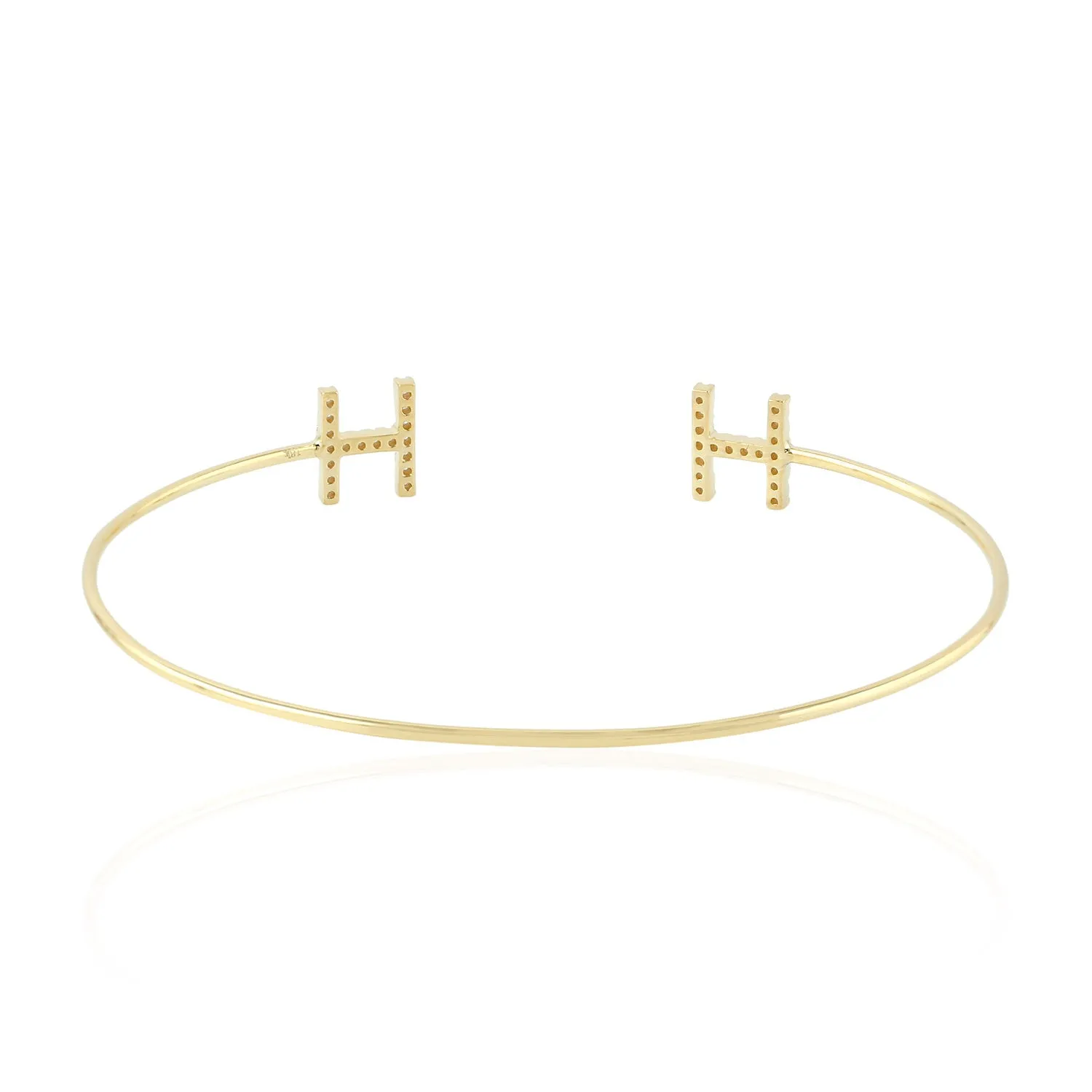 18K Yellow Gold "H" Initial Alphabet Open Cuff Bracelet Pave Diamond