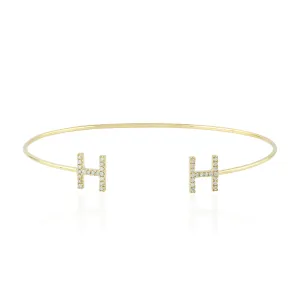 18K Yellow Gold "H" Initial Alphabet Open Cuff Bracelet Pave Diamond