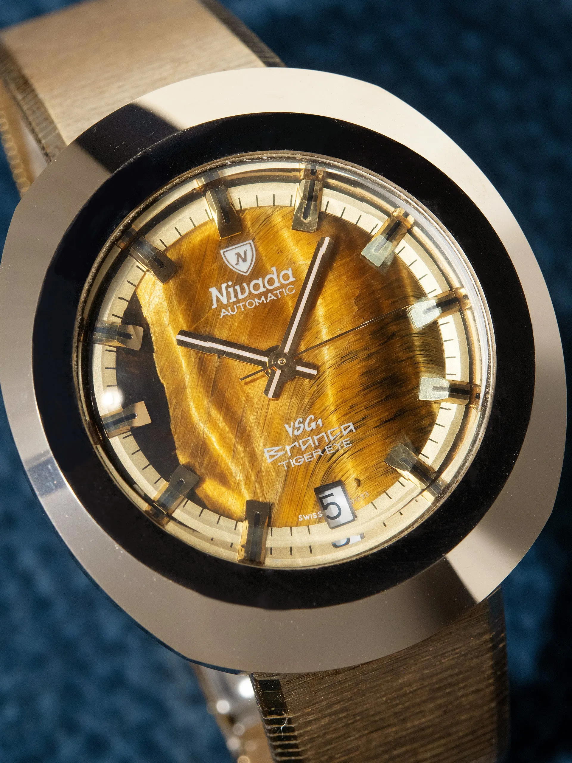 1970s Nivada Automatic Branca (Ref. 98216) Tiger Eye Stone Dial