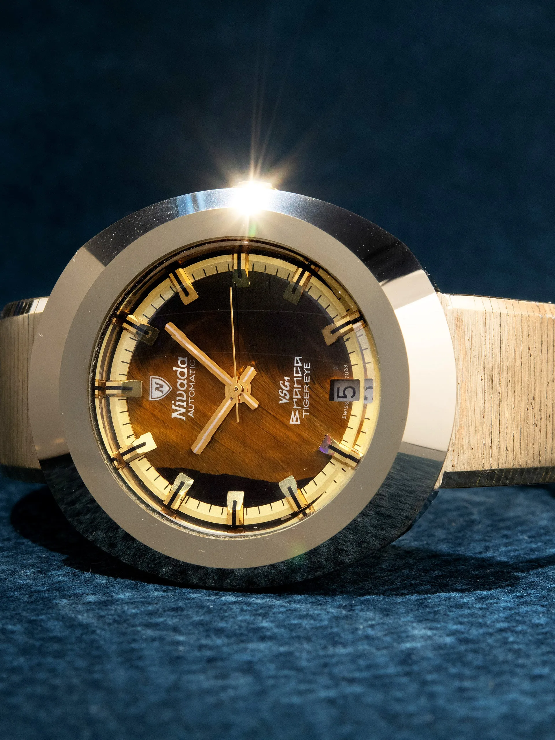 1970s Nivada Automatic Branca (Ref. 98216) Tiger Eye Stone Dial