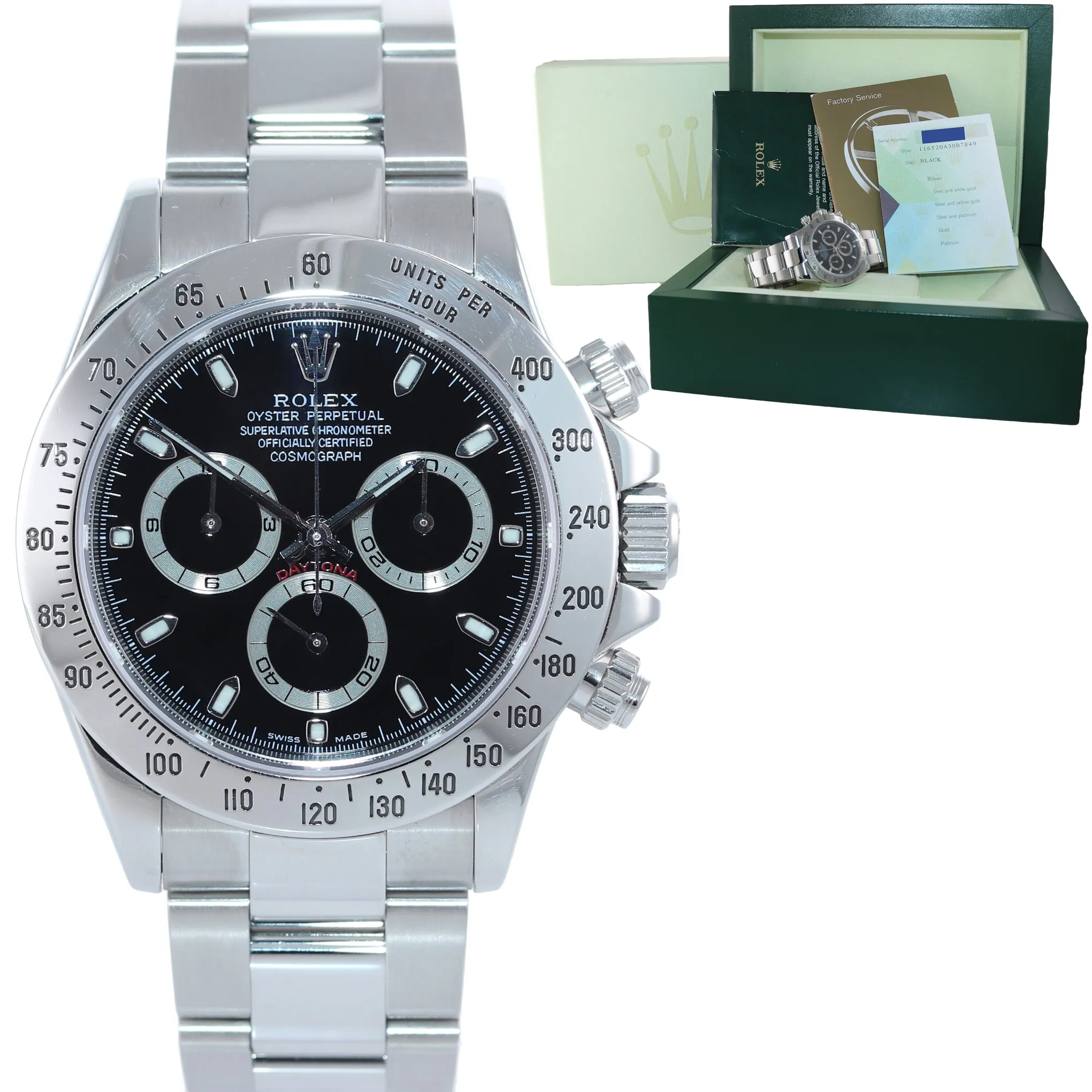 2004 PAPERS Rolex Daytona 116520 Black Dial Chrono Steel Watch Box