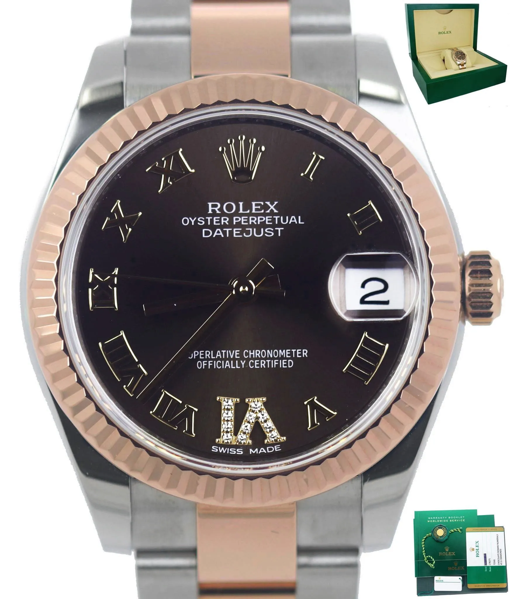 2018 Ladies Rolex DateJust 31mm Midsize 178271 Rose Gold Chocolate Roman Diamond