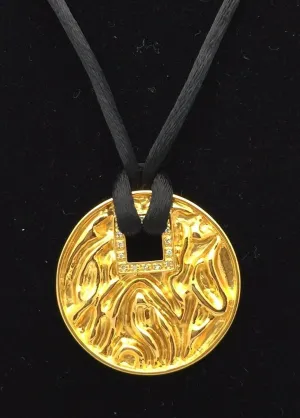 22k Yellow Gold Round Medallion Pendant with Diamonds & 16" Silk Necklace