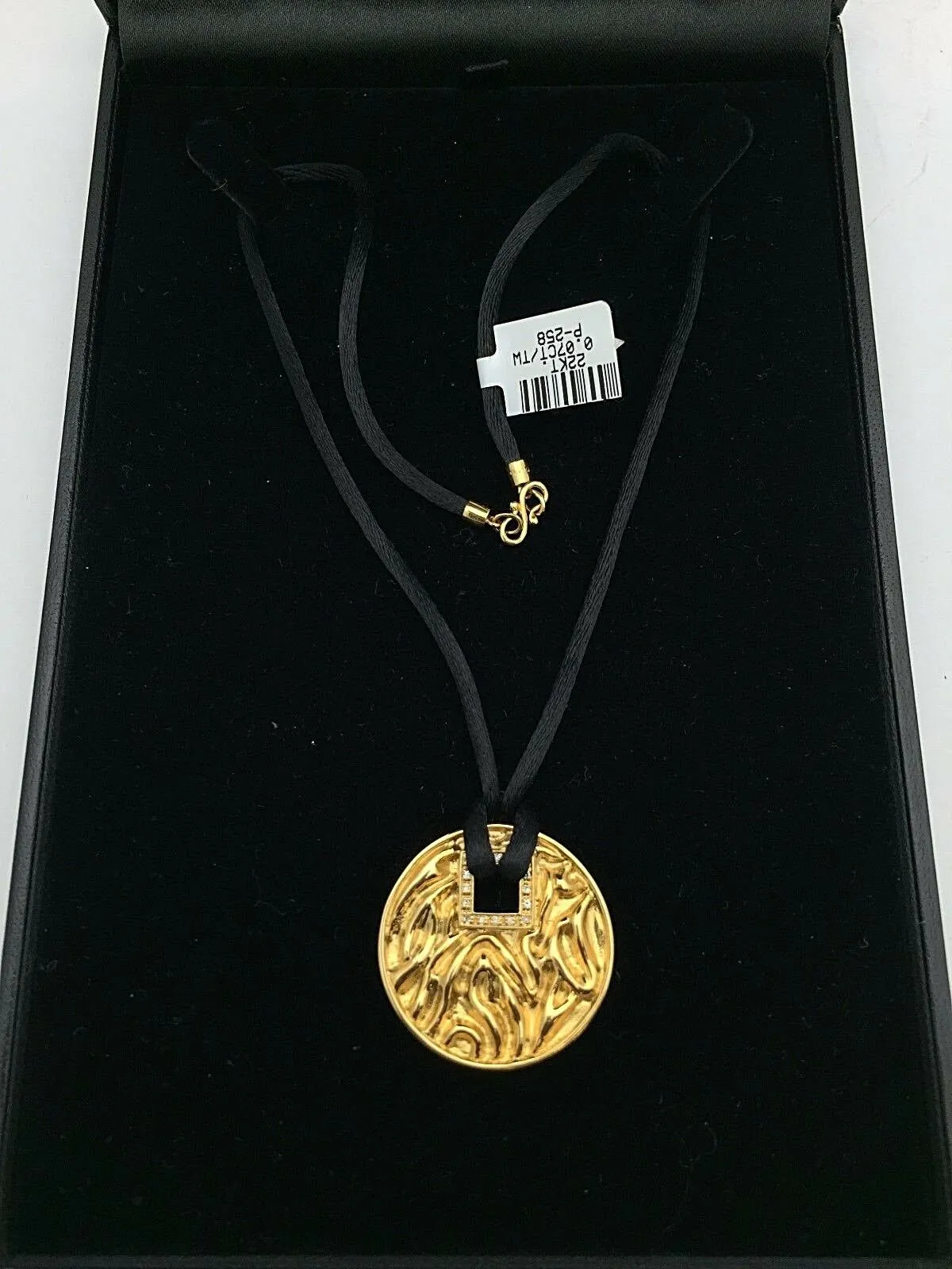 22k Yellow Gold Round Medallion Pendant with Diamonds & 16" Silk Necklace