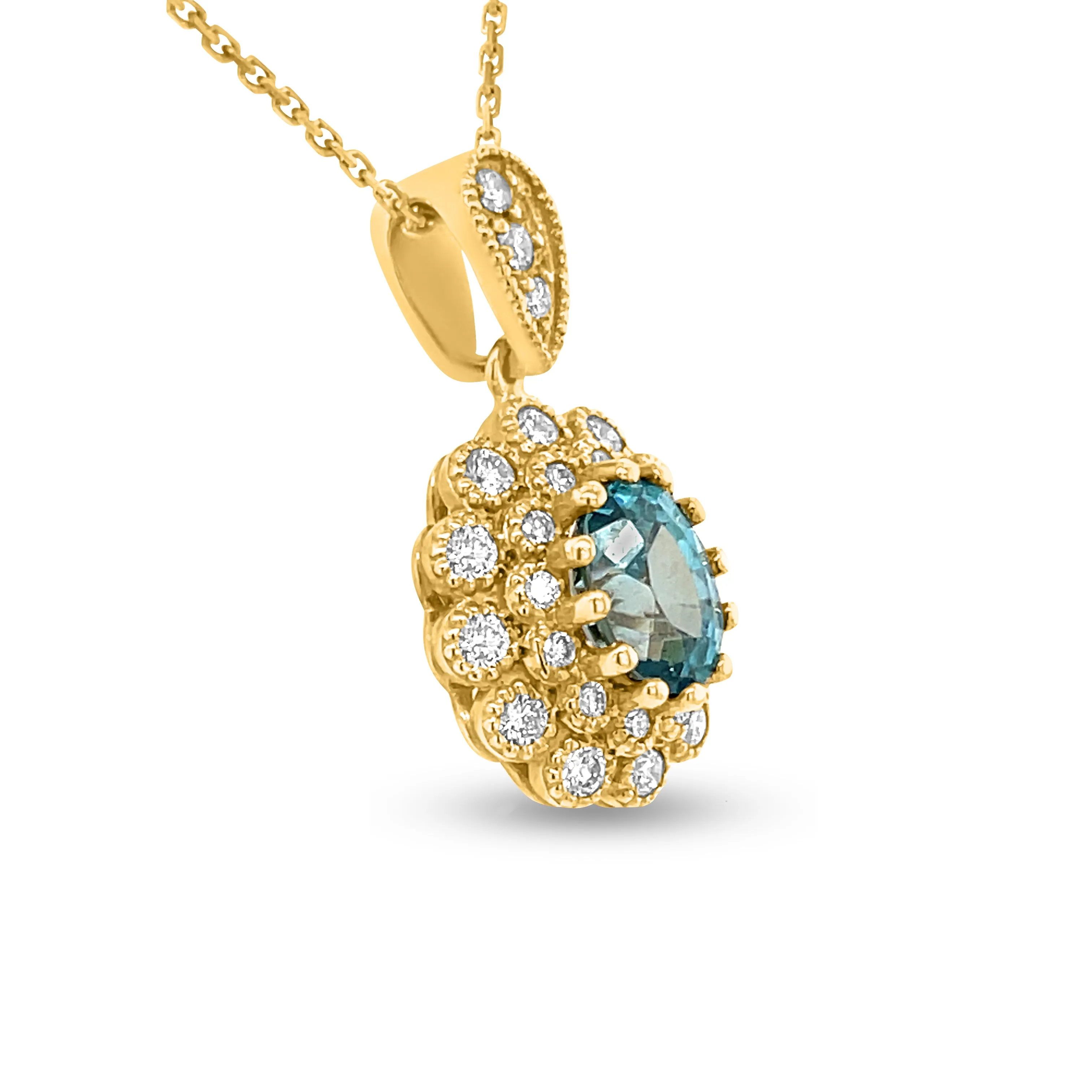 2.5 Carat Blue Zircon & 0.71 Carat Diamond Pendant in 14k Yellow Gold