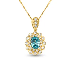 2.5 Carat Blue Zircon & 0.71 Carat Diamond Pendant in 14k Yellow Gold