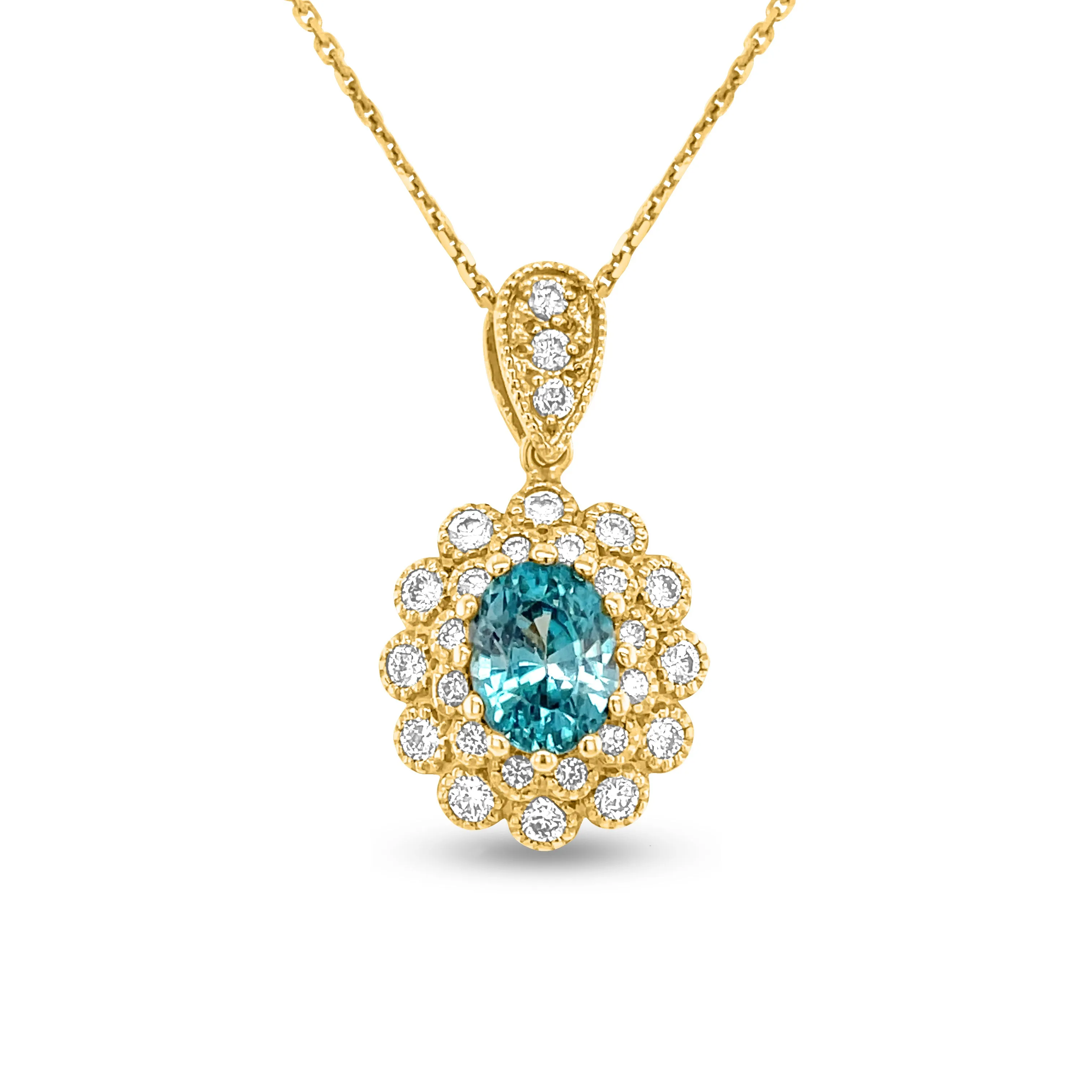 2.5 Carat Blue Zircon & 0.71 Carat Diamond Pendant in 14k Yellow Gold