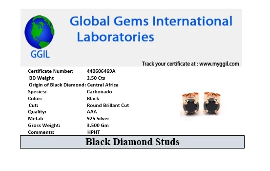 2.50 Ct AAA Certified Black Diamond Solitaire Studs in 925 Silver, Great Luster & Amazing Look