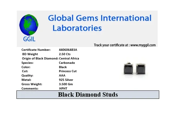 2.50 Ct AAA Certified Princess Cut Black Diamond Solitaire Studs in 925 Silver, Ideal Gift for Anniversary,Birthday