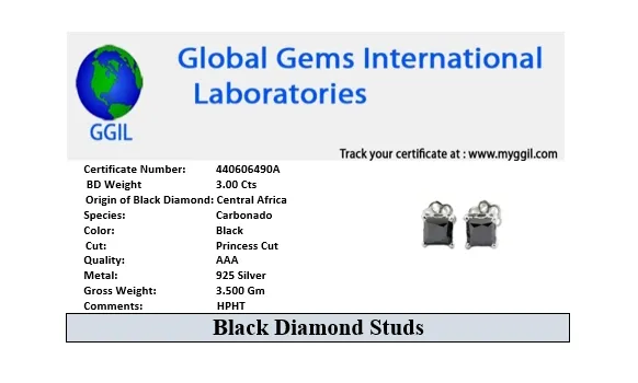 3 Ct AAA Certified Amazing Black Diamond Solitaire Studs in Princess Cut Design with Great Shine