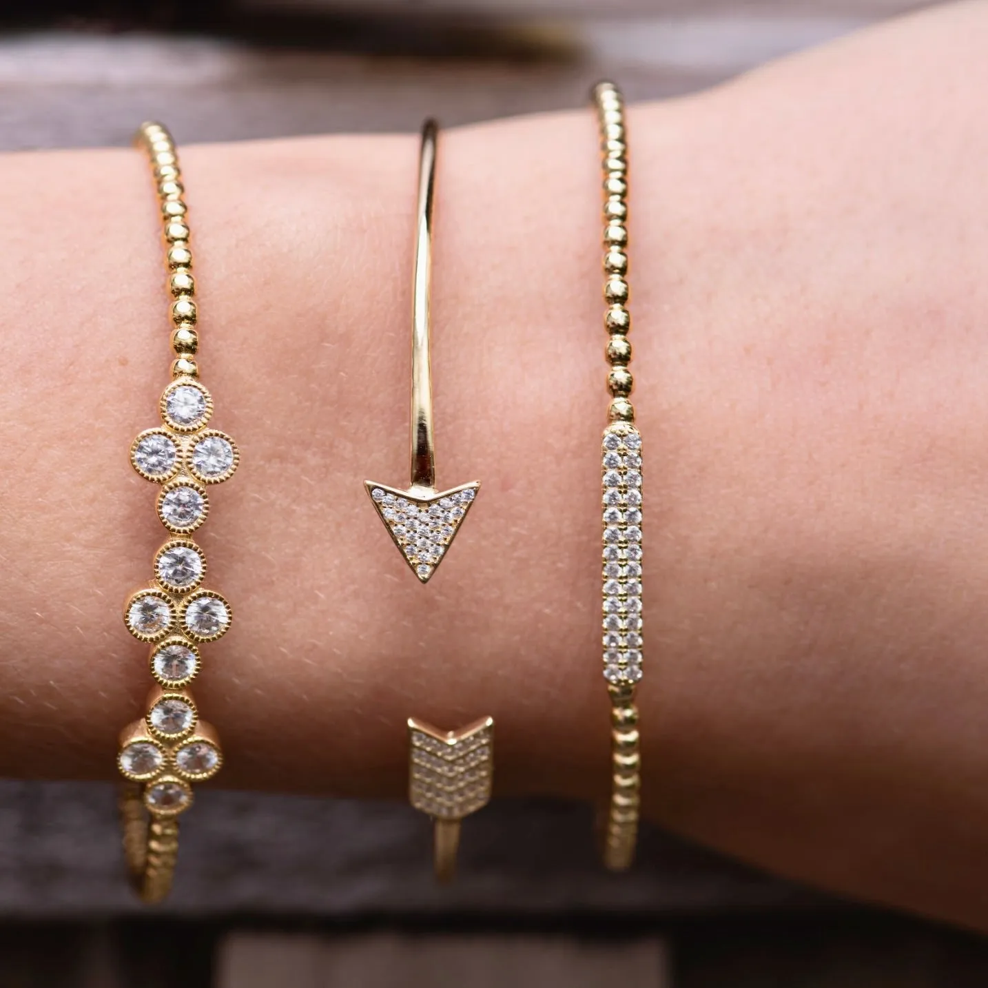 3 Flowers CZ Beaded Cuff Bracelet - Gold