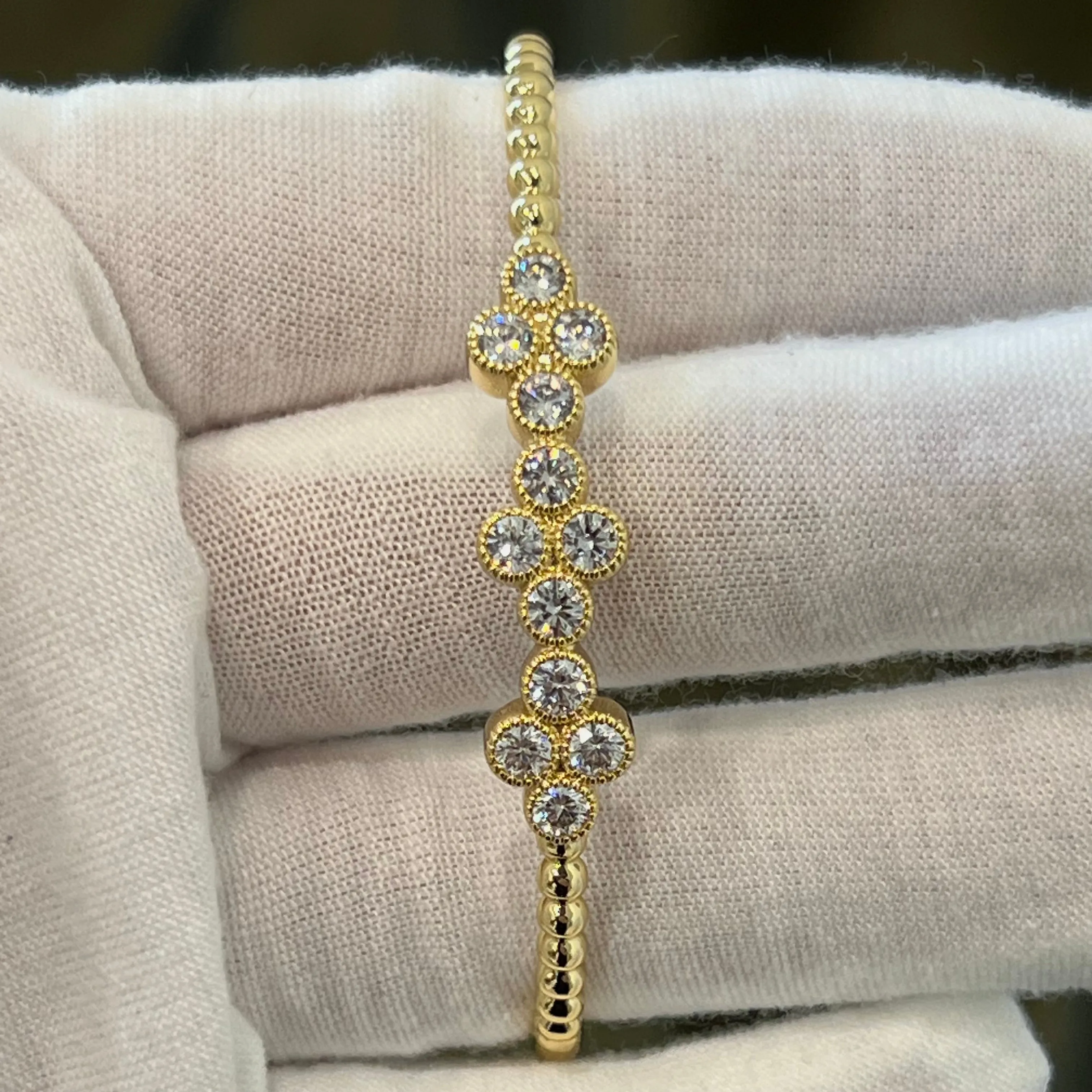 3 Flowers CZ Beaded Cuff Bracelet - Gold