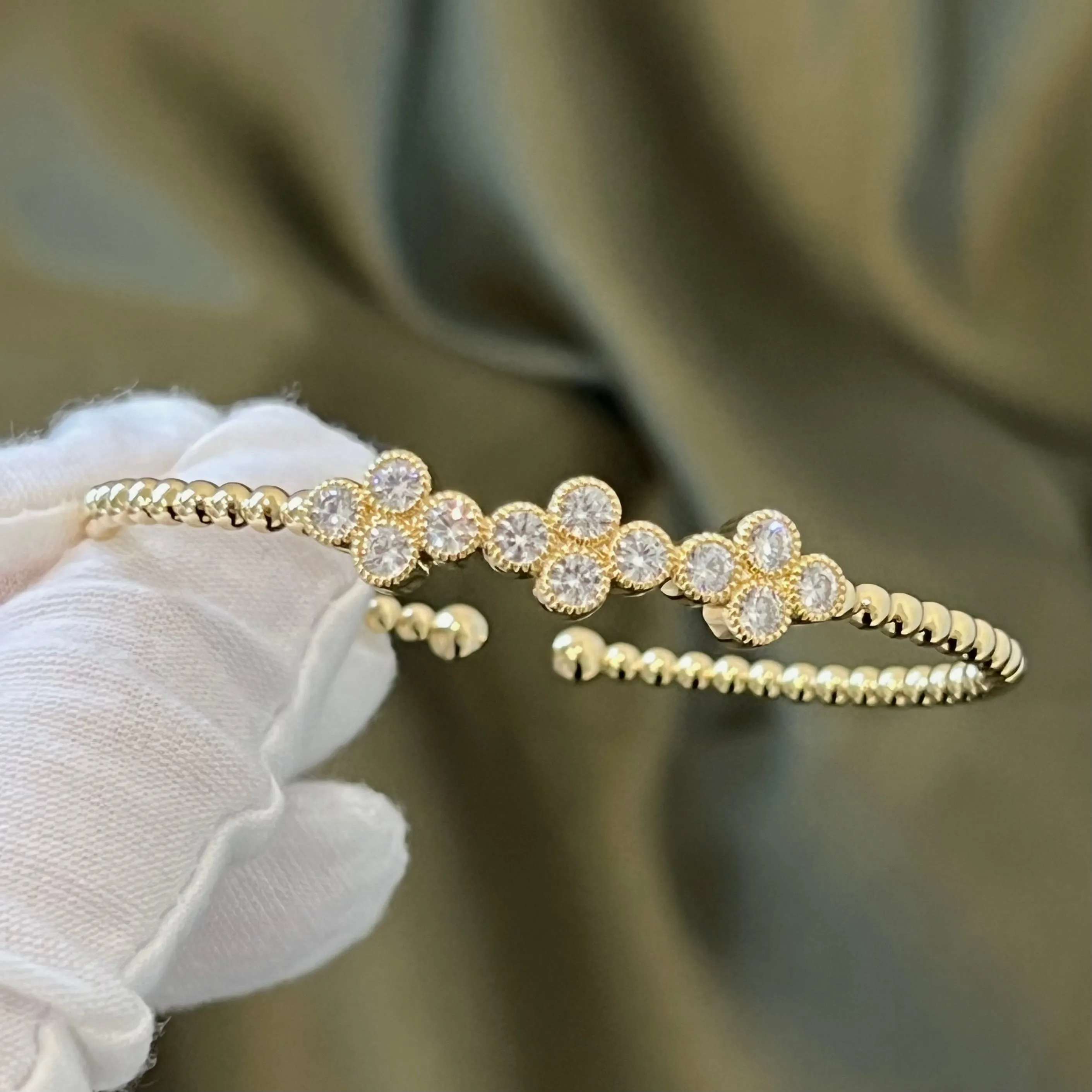 3 Flowers CZ Beaded Cuff Bracelet - Gold