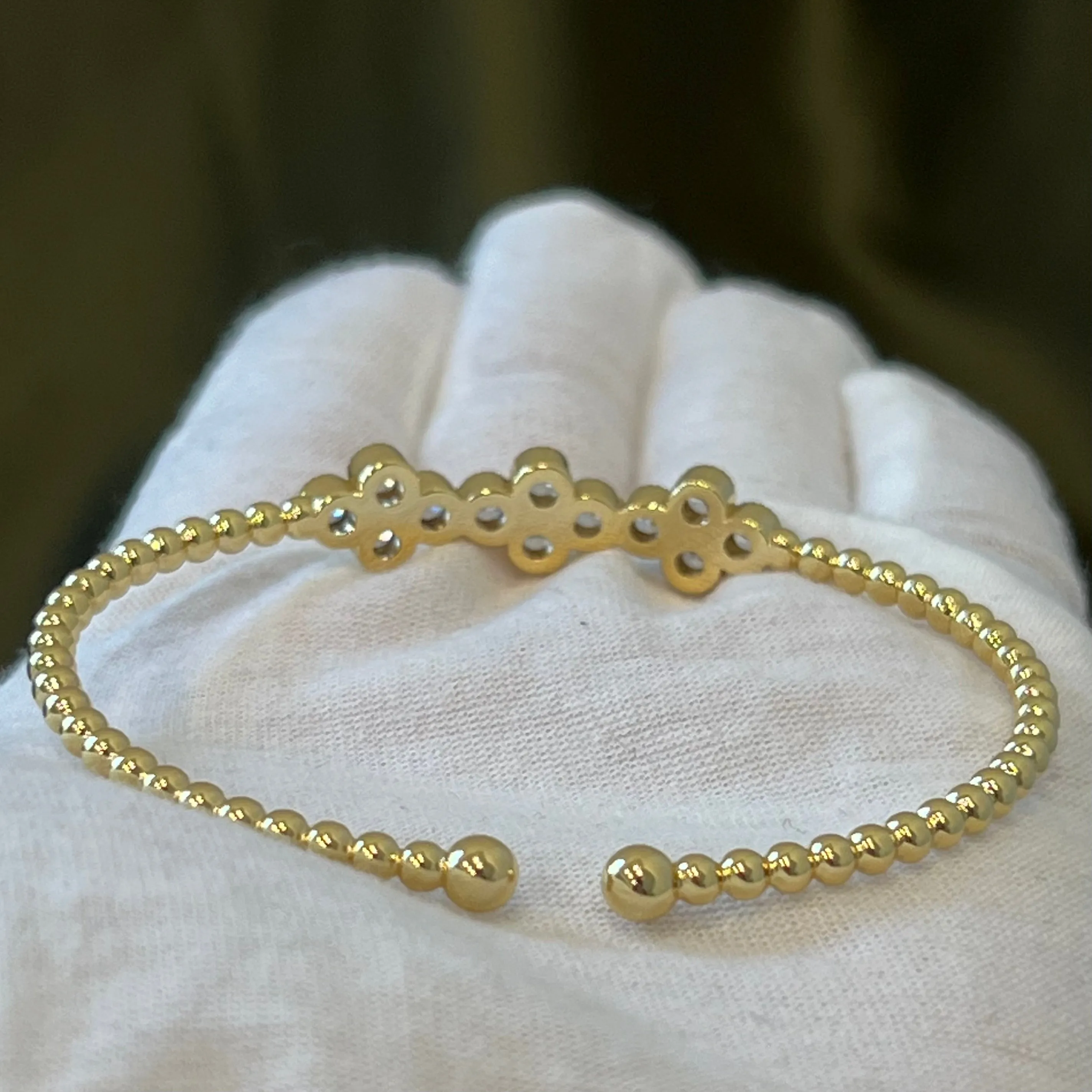 3 Flowers CZ Beaded Cuff Bracelet - Gold