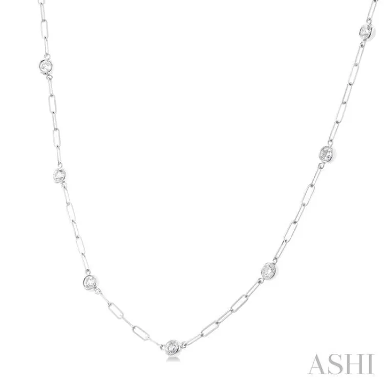 3/4 ctw Bezel Set Round Cut Diamond Paperclip Station Necklace in 14K White Gold