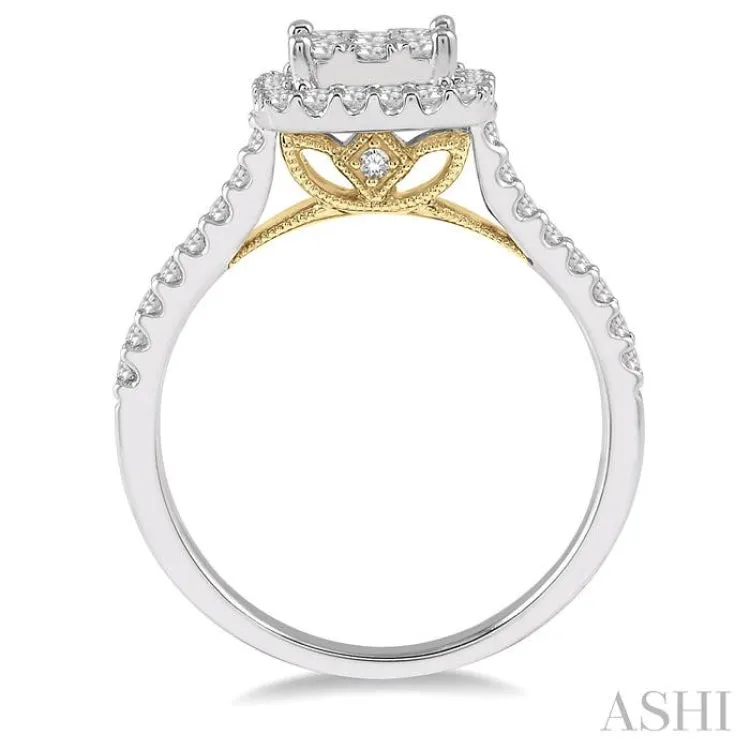 3/4 Ctw Round Diamond Lovebright Halo Engagement Ring in 14K White and Yellow Gold