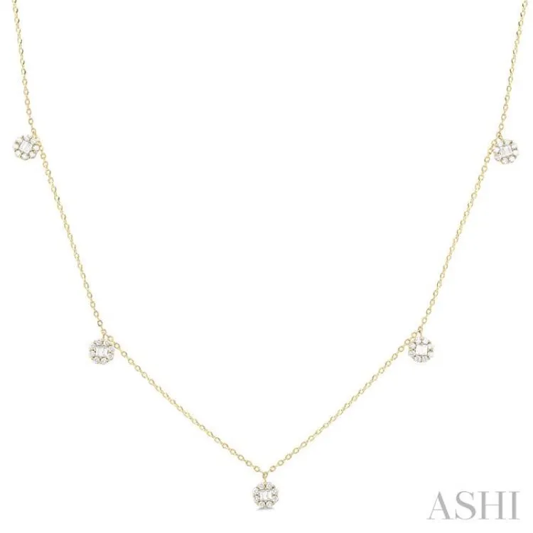 3/8 ctw Dangle Circular Motif Fusion Baguette and Round Cut Diamond Station Necklace in 10K Yellow Gold