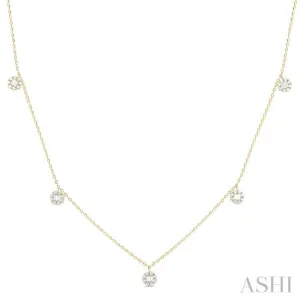 3/8 ctw Dangle Circular Motif Fusion Baguette and Round Cut Diamond Station Necklace in 10K Yellow Gold