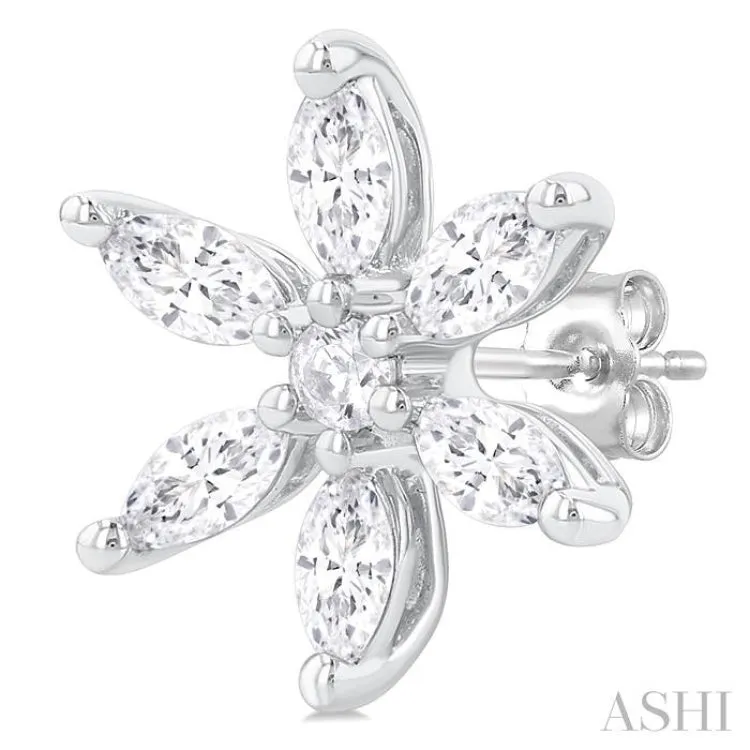 3/8 ctw Floral Motif Marquise and Round Cut Diamond Fashion Stud Earring in 14K White Gold