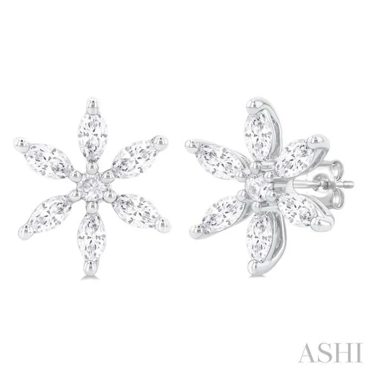 3/8 ctw Floral Motif Marquise and Round Cut Diamond Fashion Stud Earring in 14K White Gold