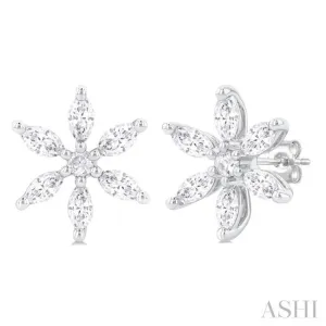 3/8 ctw Floral Motif Marquise and Round Cut Diamond Fashion Stud Earring in 14K White Gold