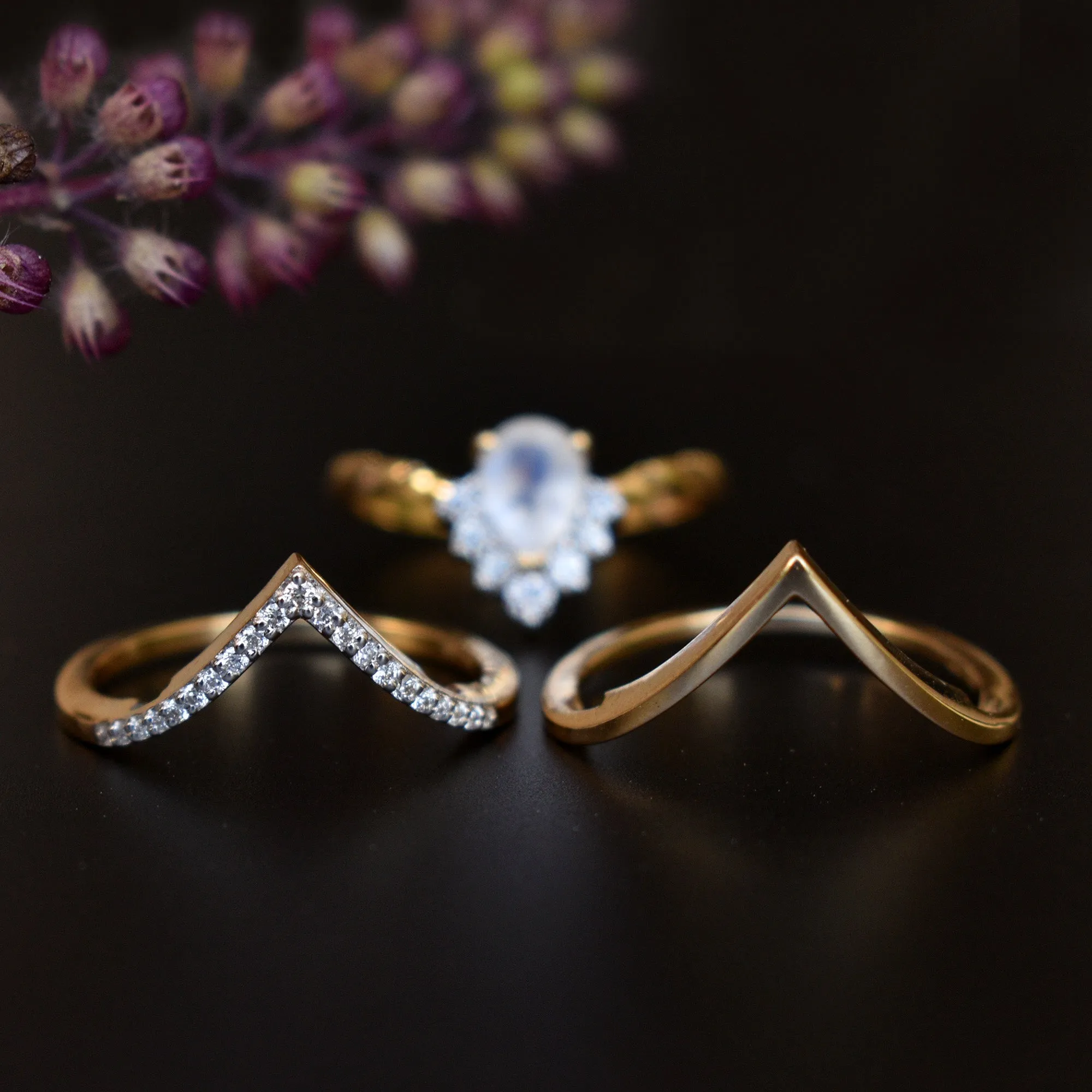 3pc Moonstone Crossover Bridal Set with Chevron V Crown Ring