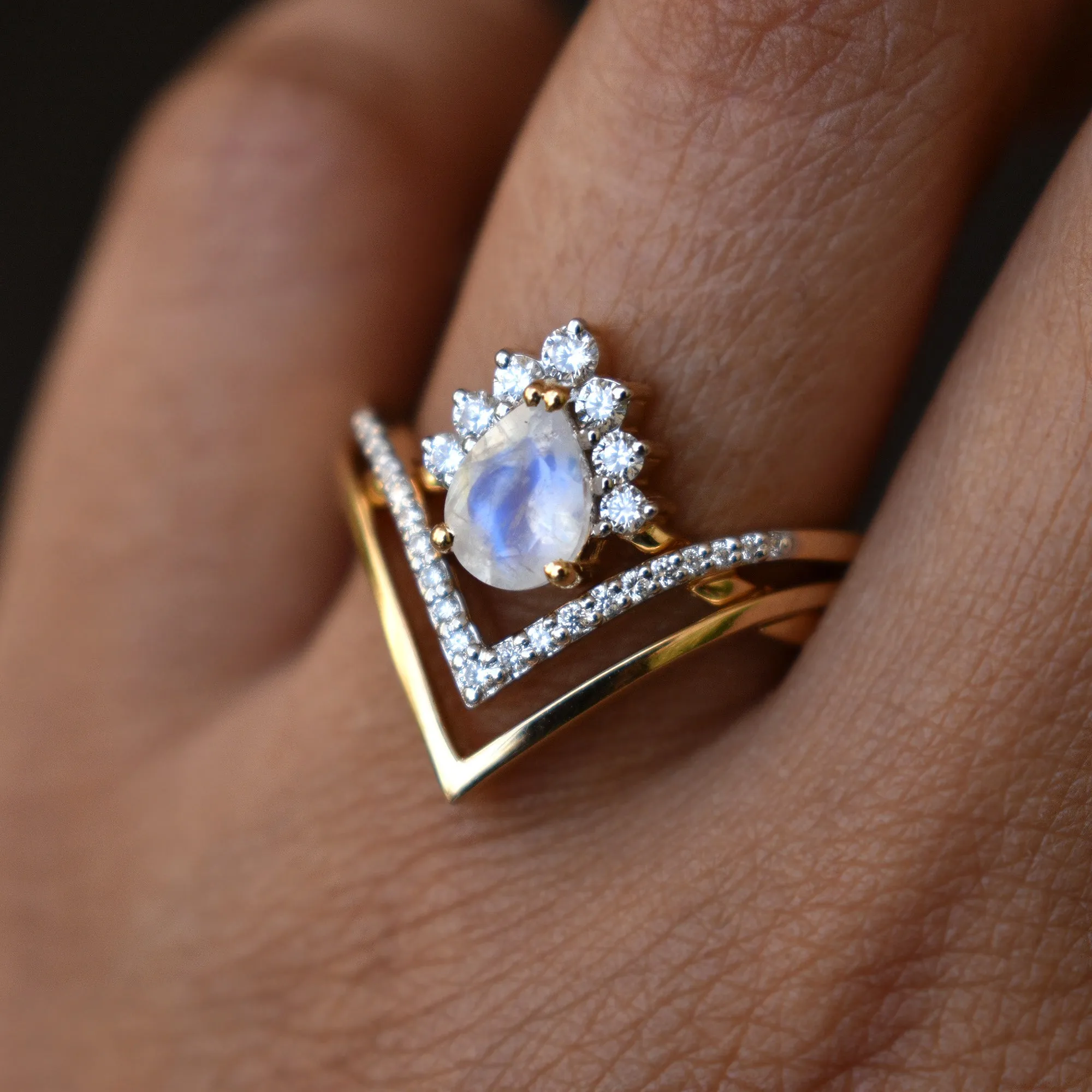 3pc Moonstone Crossover Bridal Set with Chevron V Crown Ring