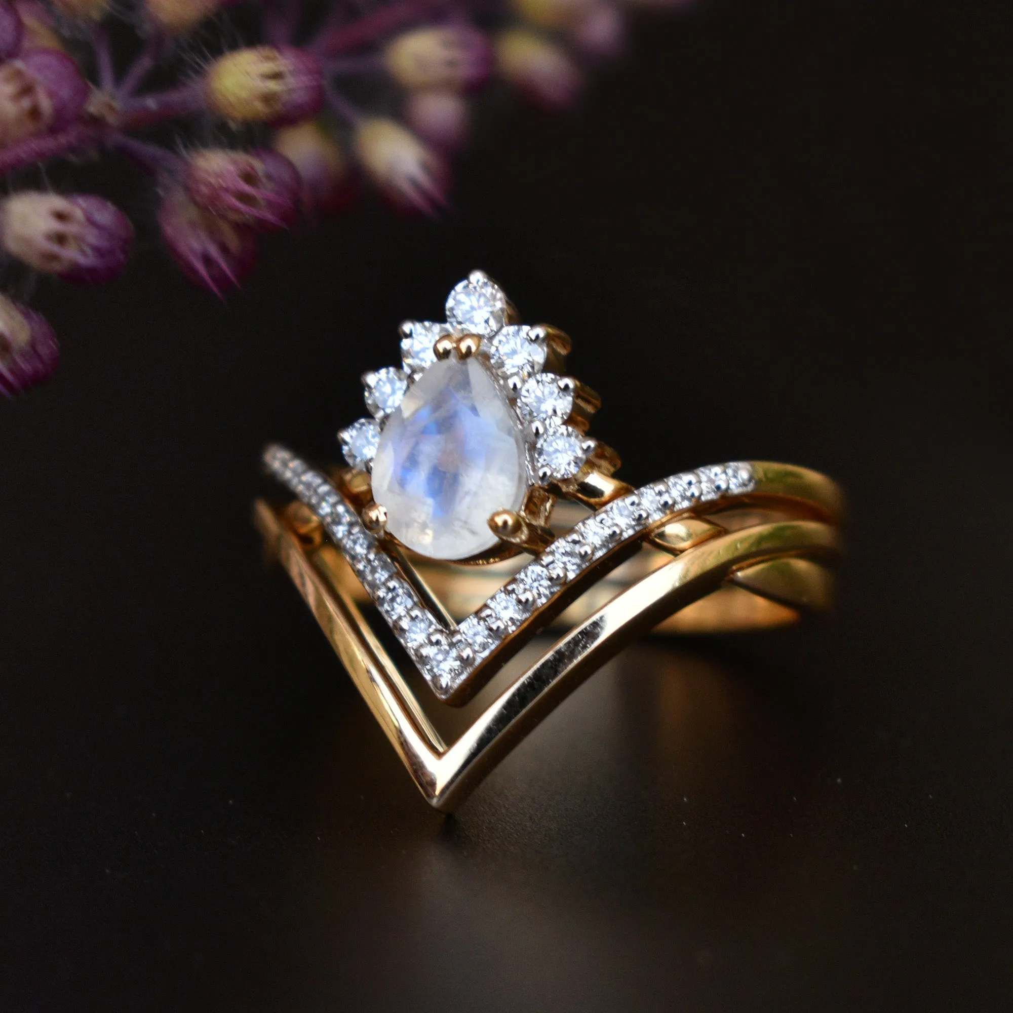 3pc Moonstone Crossover Bridal Set with Chevron V Crown Ring