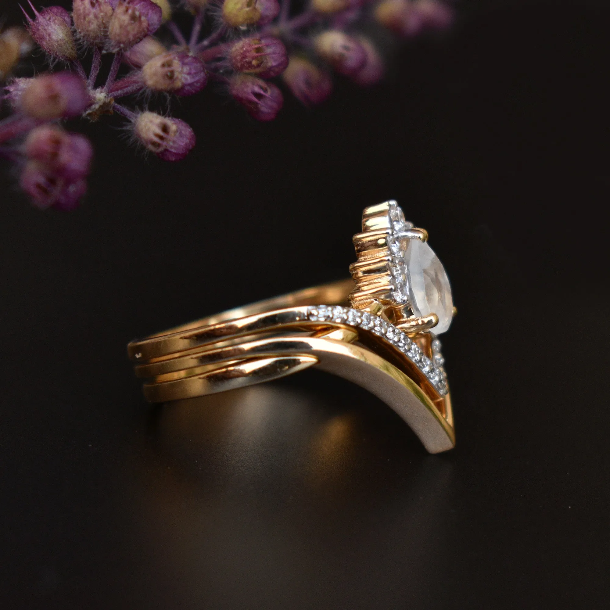 3pc Moonstone Crossover Bridal Set with Chevron V Crown Ring