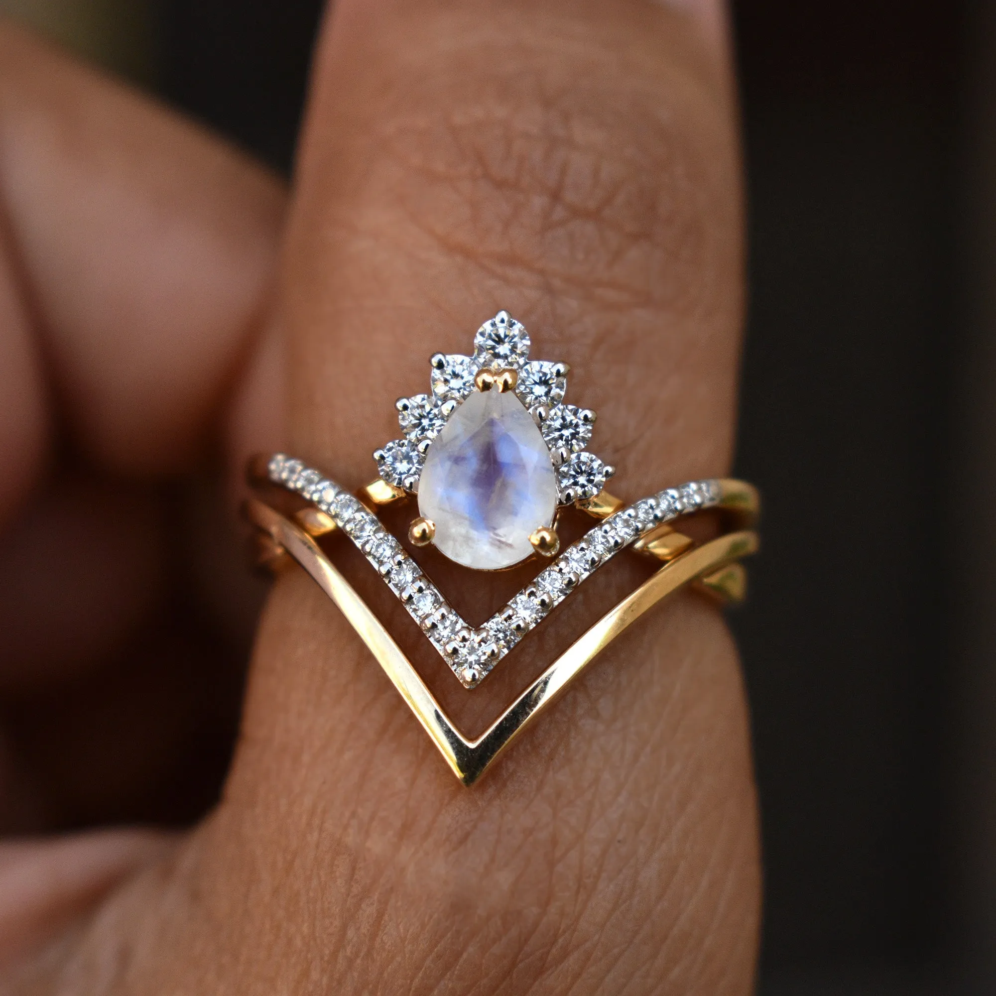 3pc Moonstone Crossover Bridal Set with Chevron V Crown Ring