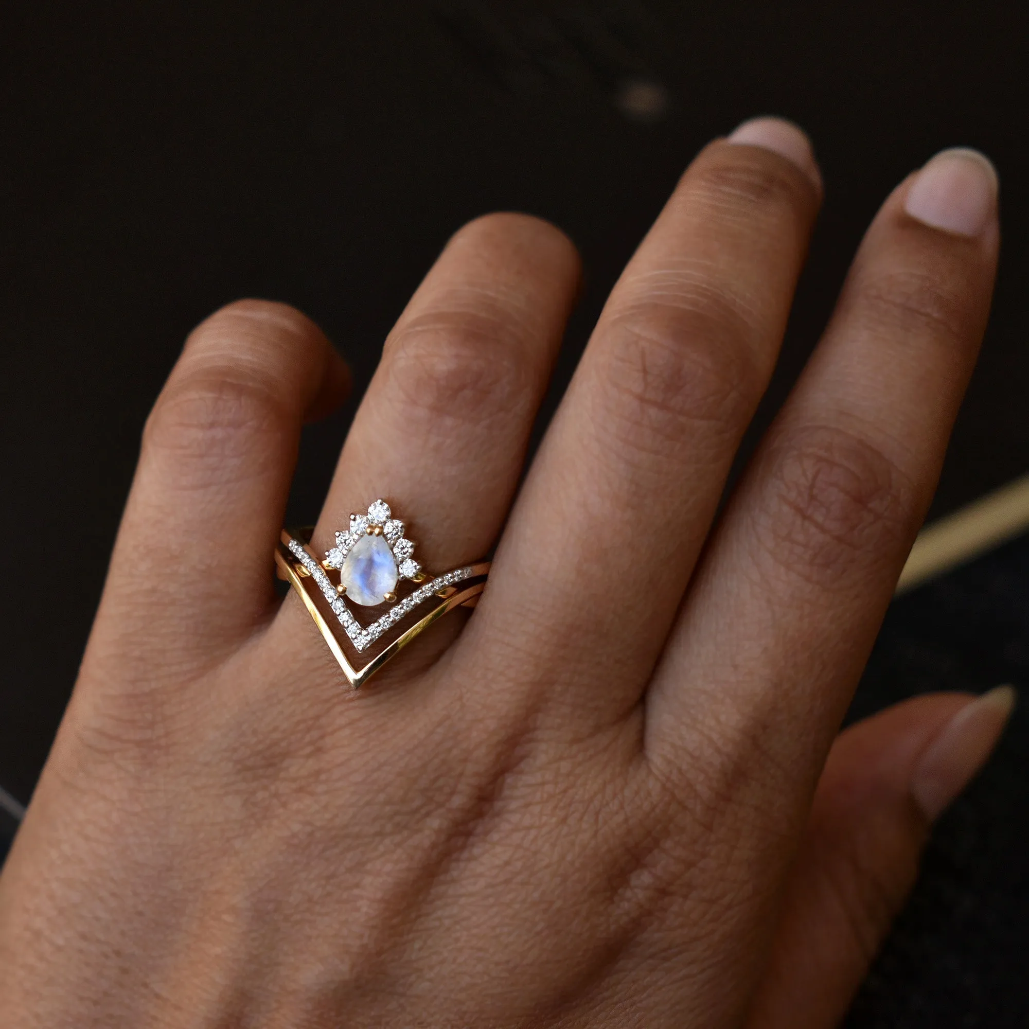 3pc Moonstone Crossover Bridal Set with Chevron V Crown Ring