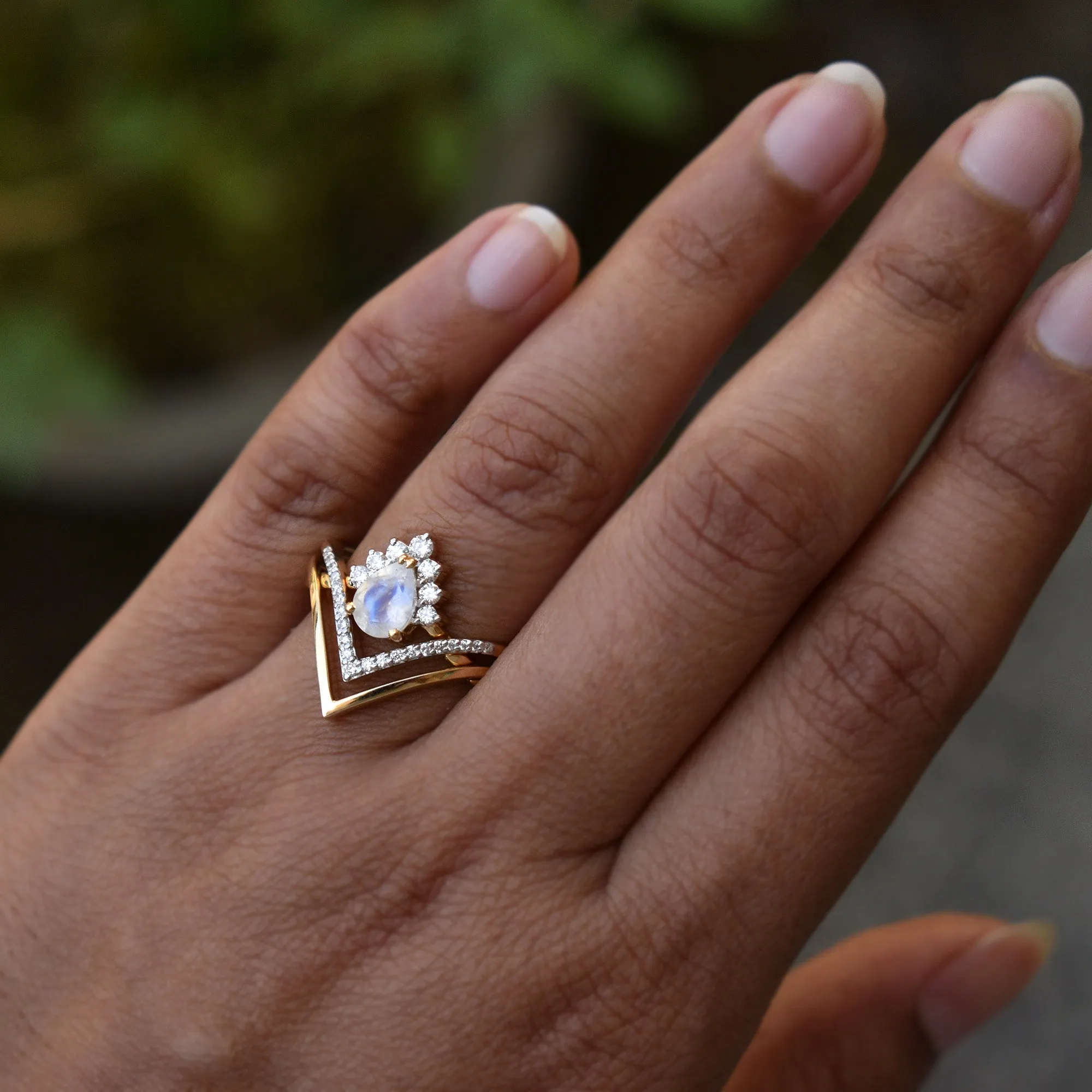 3pc Moonstone Crossover Bridal Set with Chevron V Crown Ring