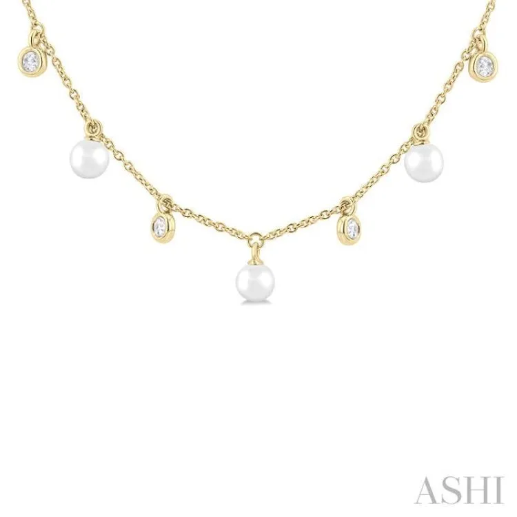 4 MM Round Shape Cultured Pearl and 1/4 ctw Round Cut Diamond Station Necklace in 14K Yellow Gold