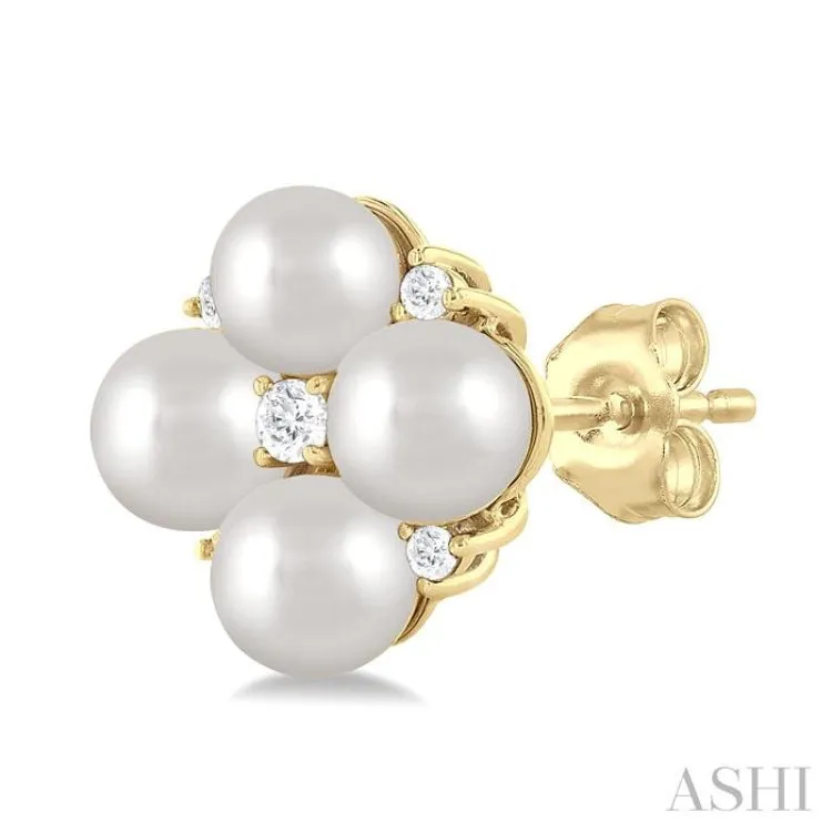 4 MM Round Shape Floral Cultured Pearls and 1/10 ctw Round Cut Diamond Fashion Stud Earring in 10K Yellow Gold